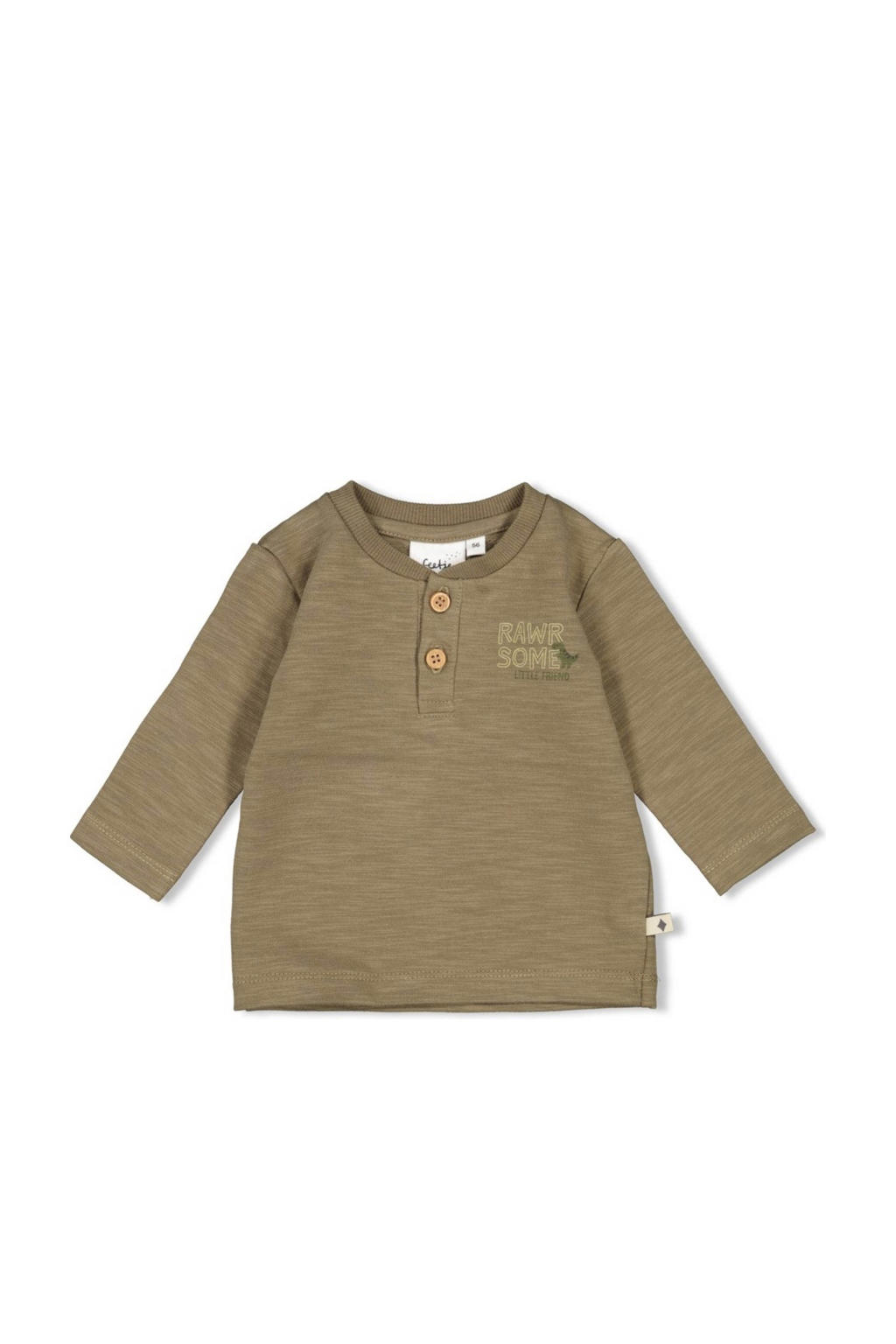 Olijfgroene jongens Feetje longsleeve Rawrsome van katoen met effen, lange mouwen, ronde hals en knoopsluiting