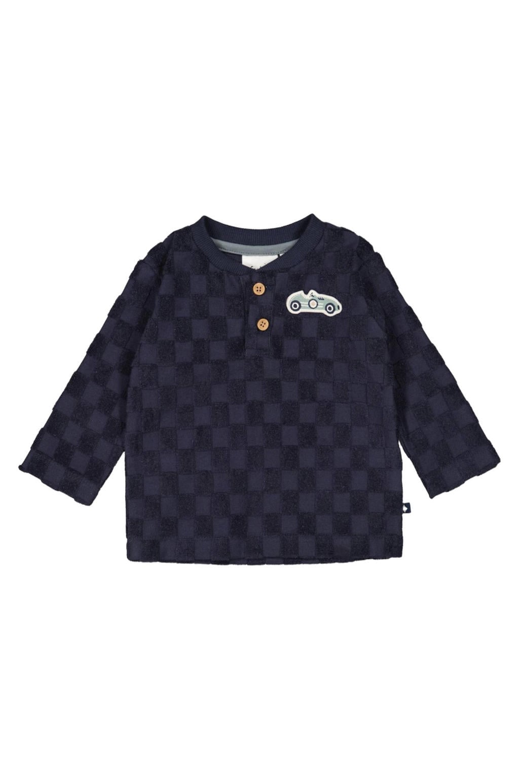 Blauwe jongens Feetje longsleeve Let's Go van badstof met ruitenprint, lange mouwen, ronde hals en knoopsluiting