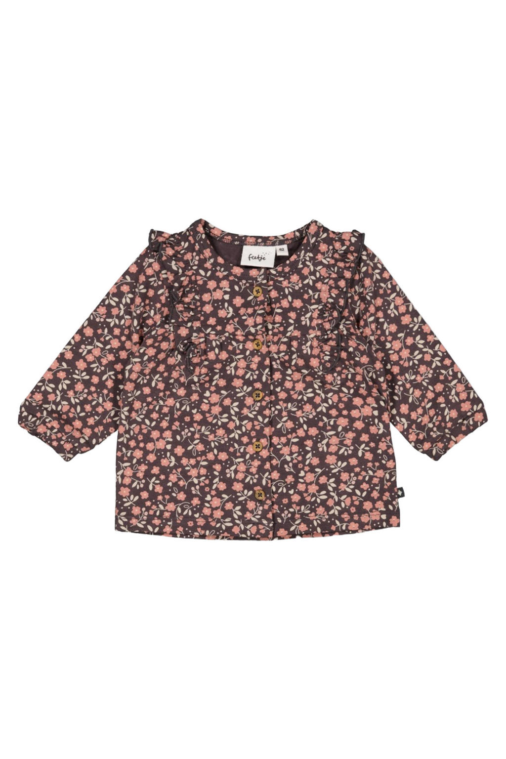 Grijs en roze meisjes Feetje blouse van katoen met lange mouwen, ronde hals, knoopsluiting en ruches