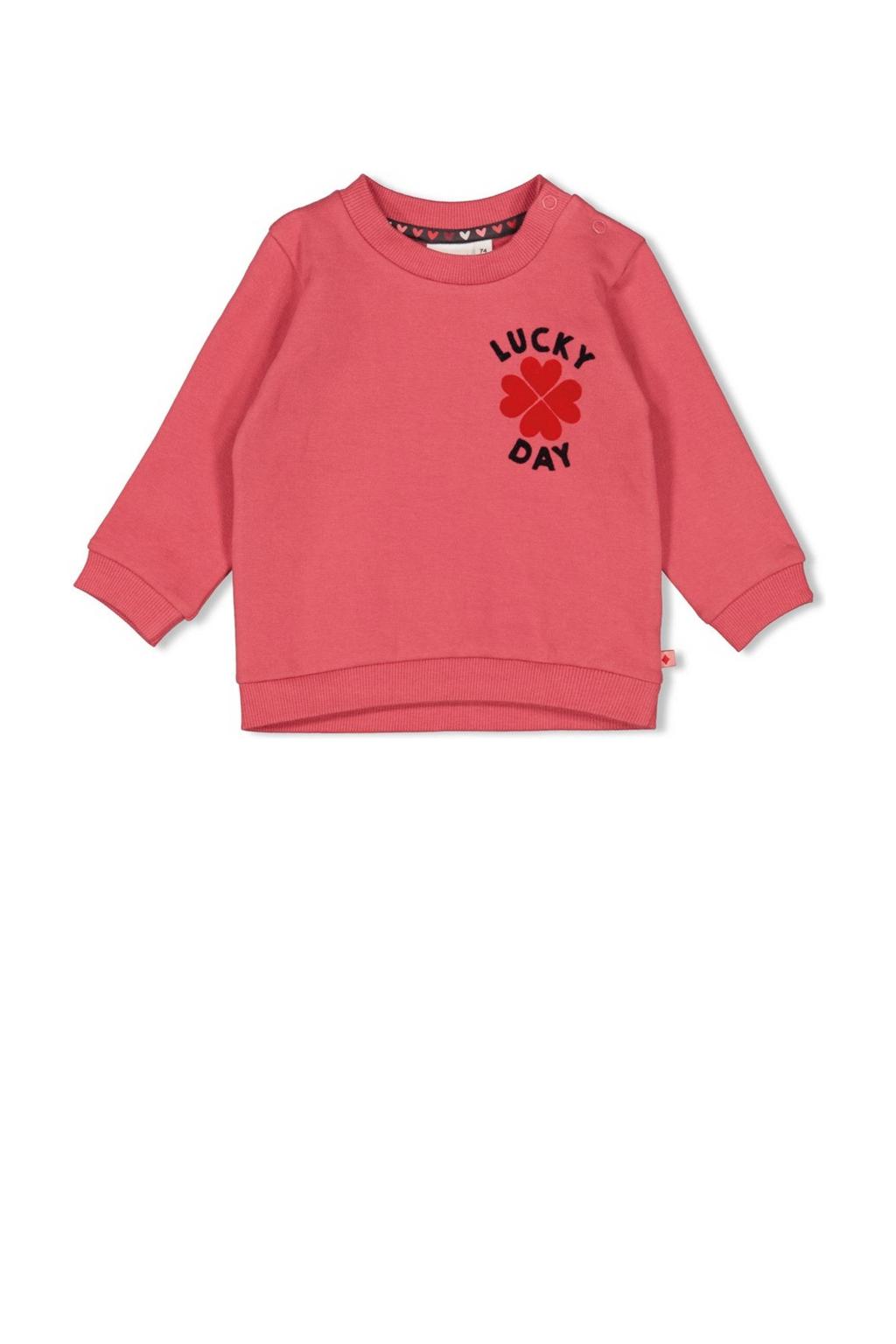Roze meisjes Feetje sweater Queen of Hearts van katoen met printopdruk, lange mouwen, ronde hals en drukknoopsluiting