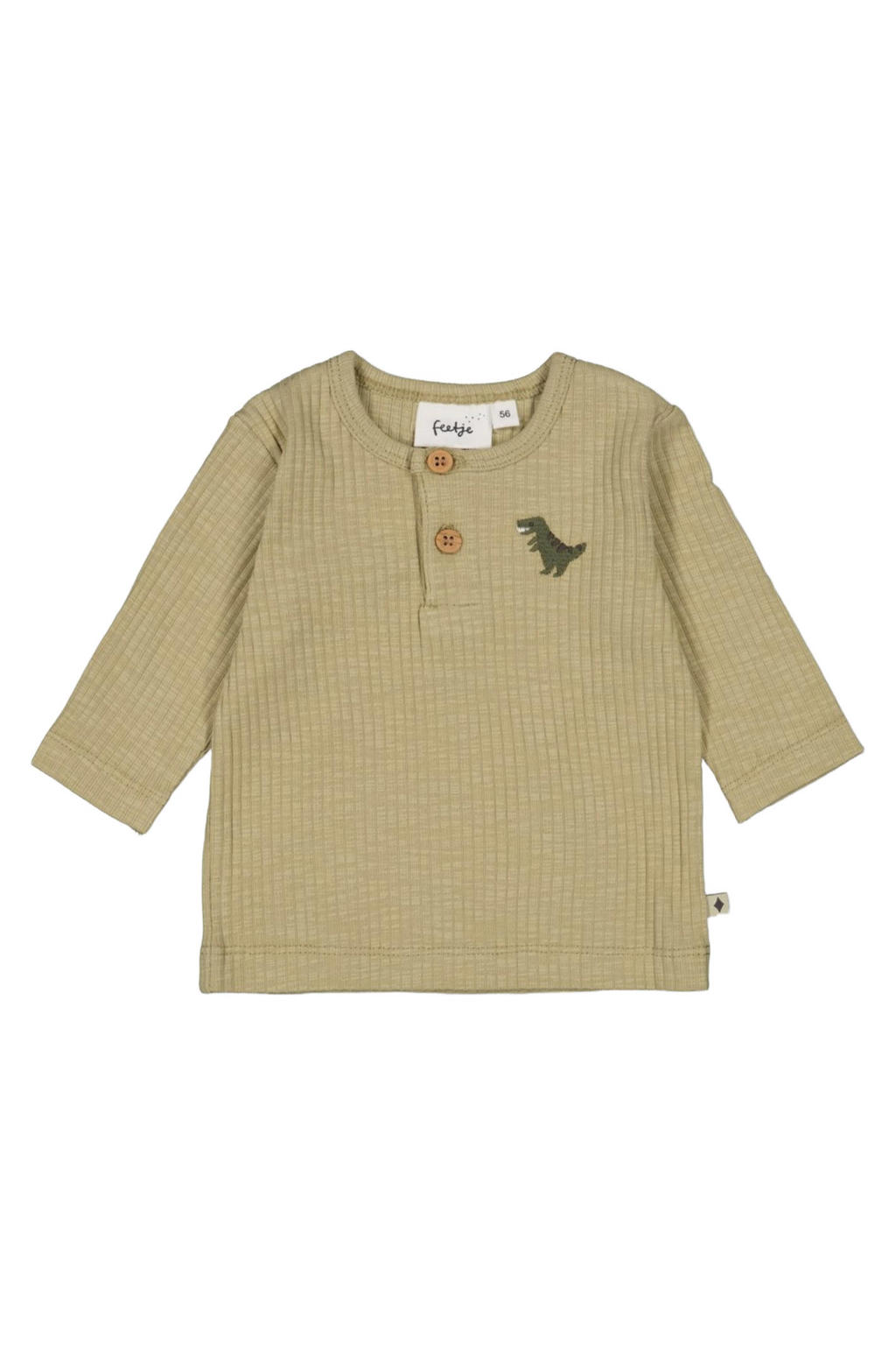 Olijfgroene jongens Feetje longsleeve Rawrsome van katoen met effen, lange mouwen, ronde hals en knoopsluiting