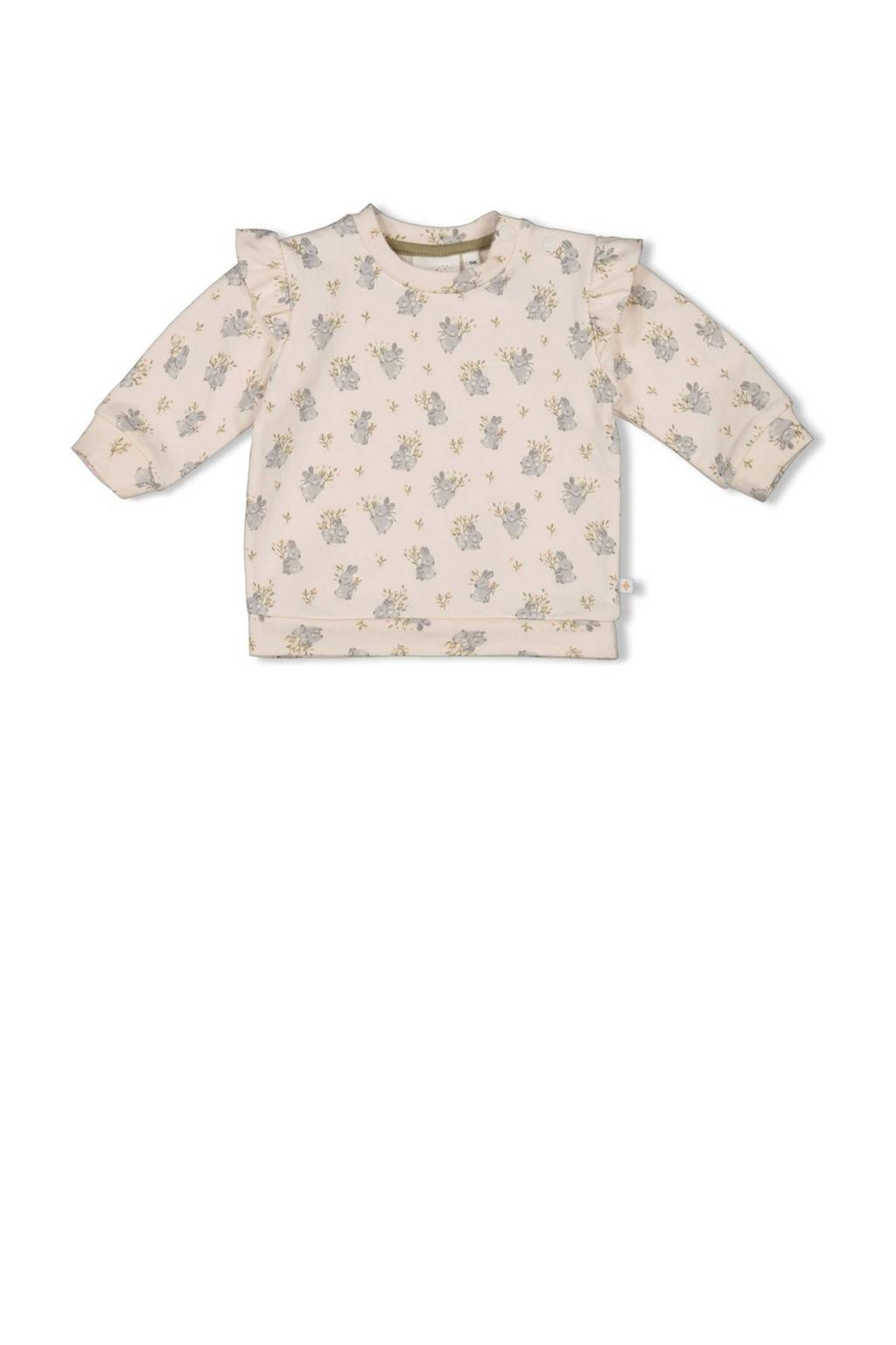 Ecru meisjes Feetje sweater Fields of Green van katoen met lange mouwen, ronde hals, drukknoopsluiting en ruches
