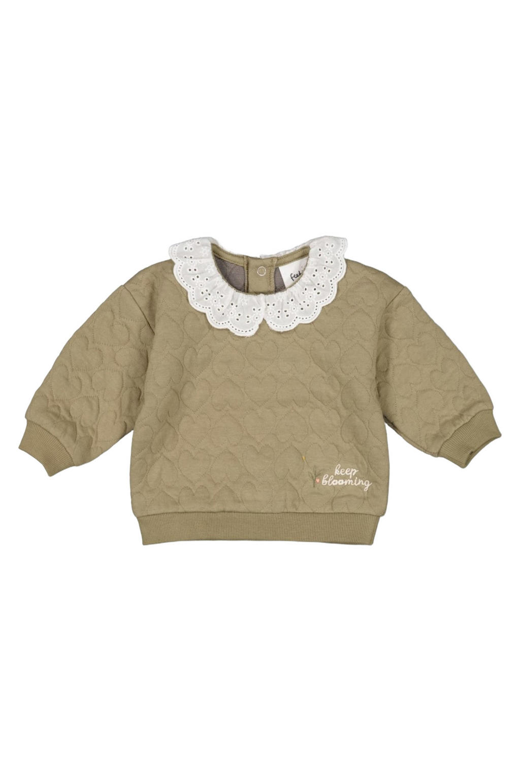 Olijfgroene meisjes Feetje sweater Fields of Green van katoen met hartjesprint, lange mouwen, drukknoopsluiting en broderie