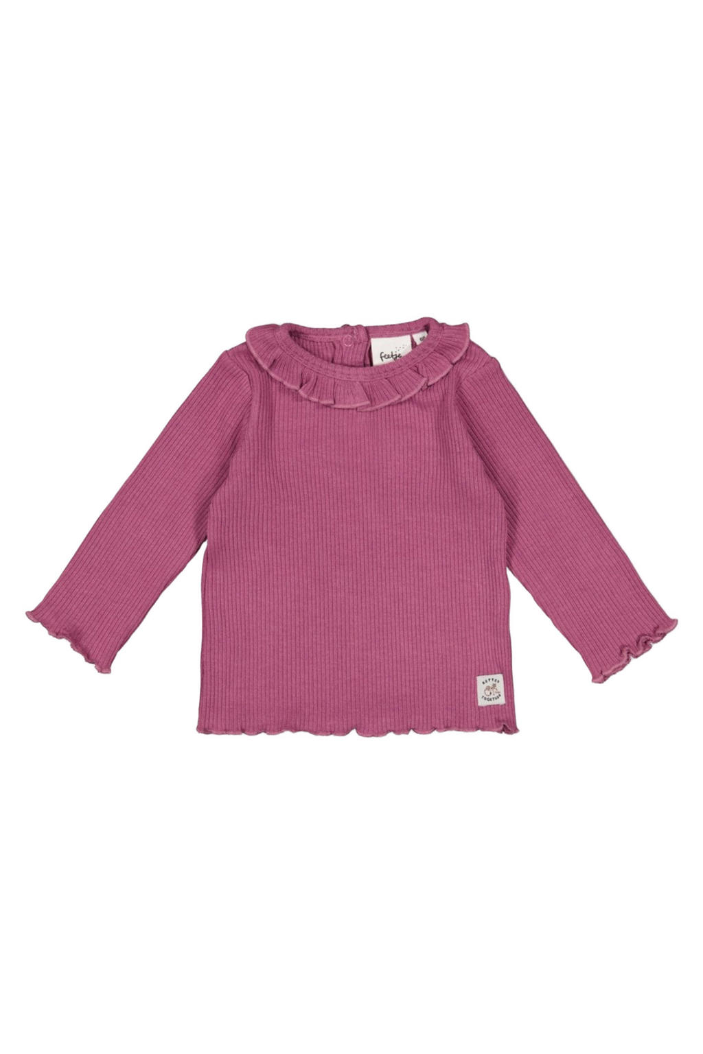 Paarse meisjes Feetje longsleeve Better Together van katoen met effen, lange mouwen, ronde hals en drukknoopsluiting