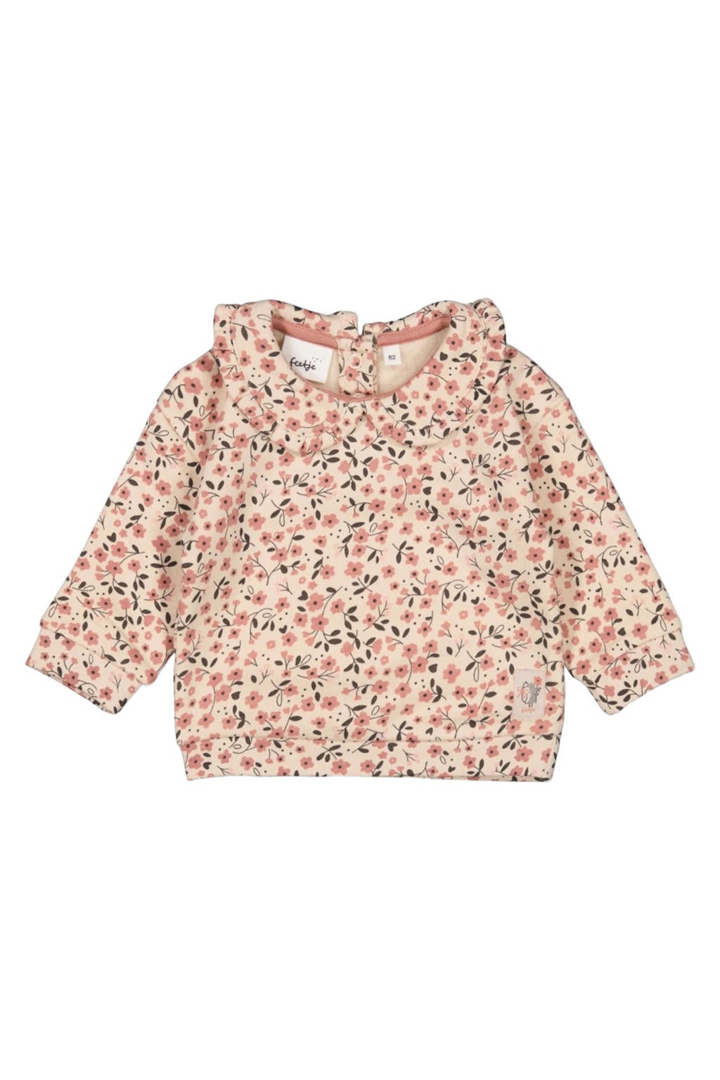 Roze en ecru meisjes Feetje sweater van katoen met bloemenprint, lange mouwen, drukknoopsluiting en ruches