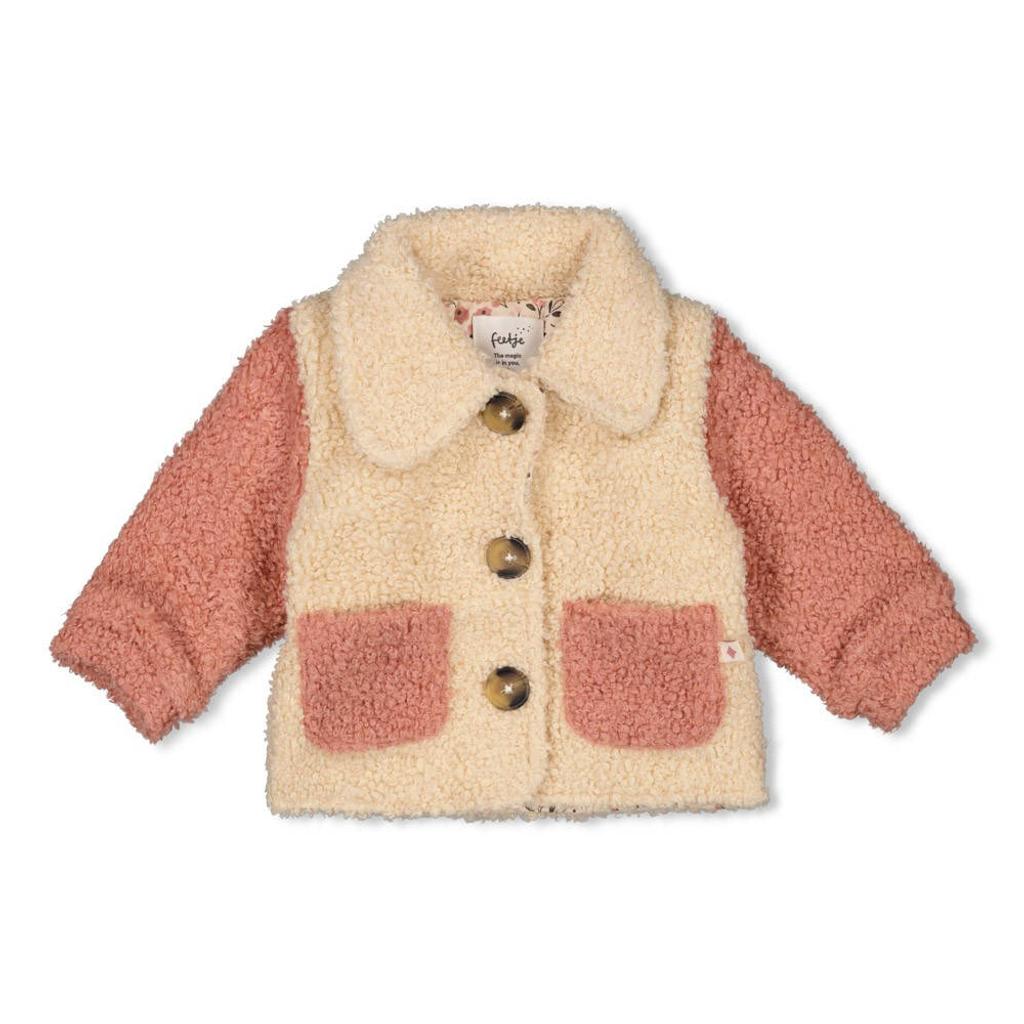 Roze en ecru meisjes Feetje teddy jas met meerkleurige print, lange mouwen en knoopsluiting