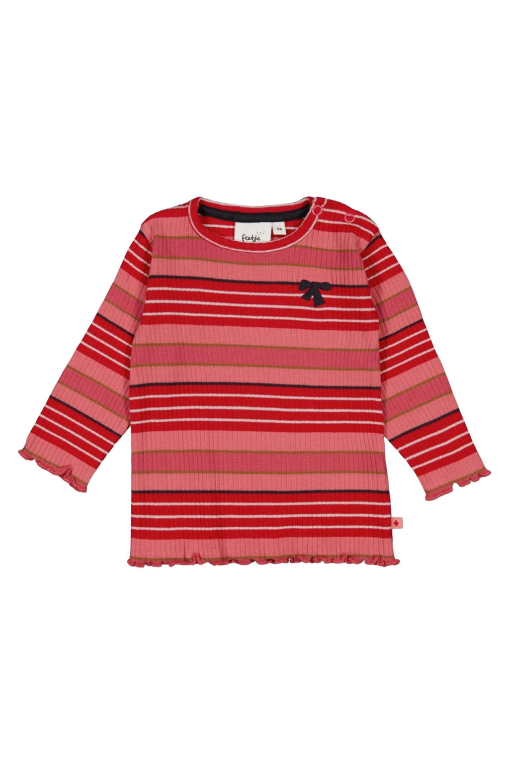 Roze meisjes Feetje longsleeve Queen of Hearts van katoen met strepenprint, lange mouwen, ronde hals en drukknoopsluiting