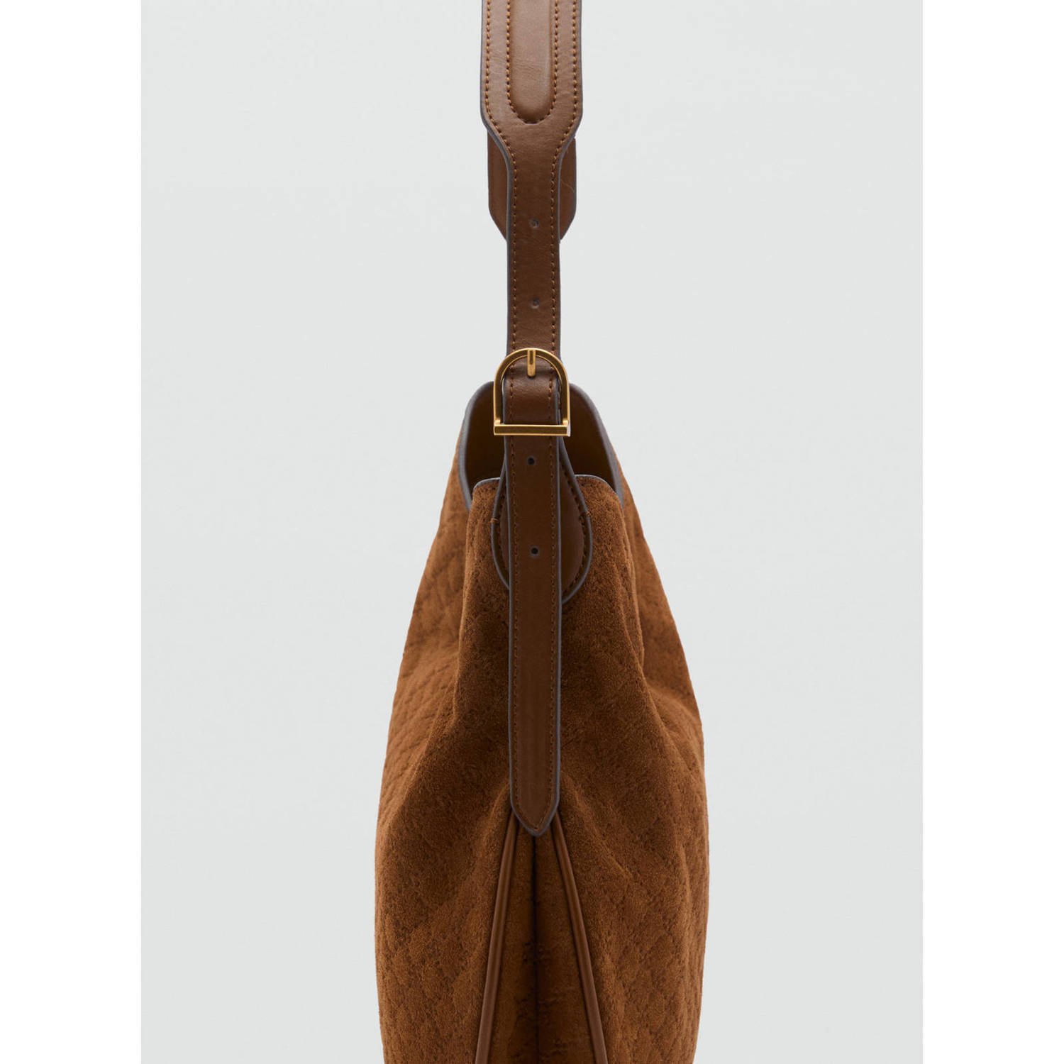 Mango suede doorgestikte schoudertas bruin