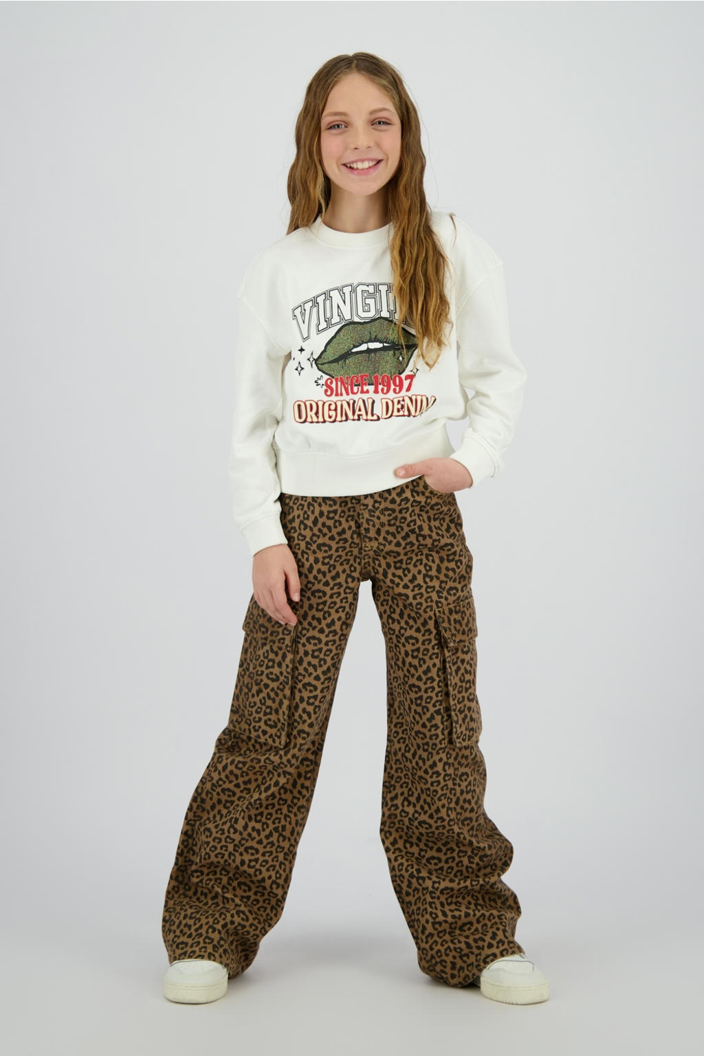 Bruine meisjes Vingino wide leg jeans van denim met dierenprint