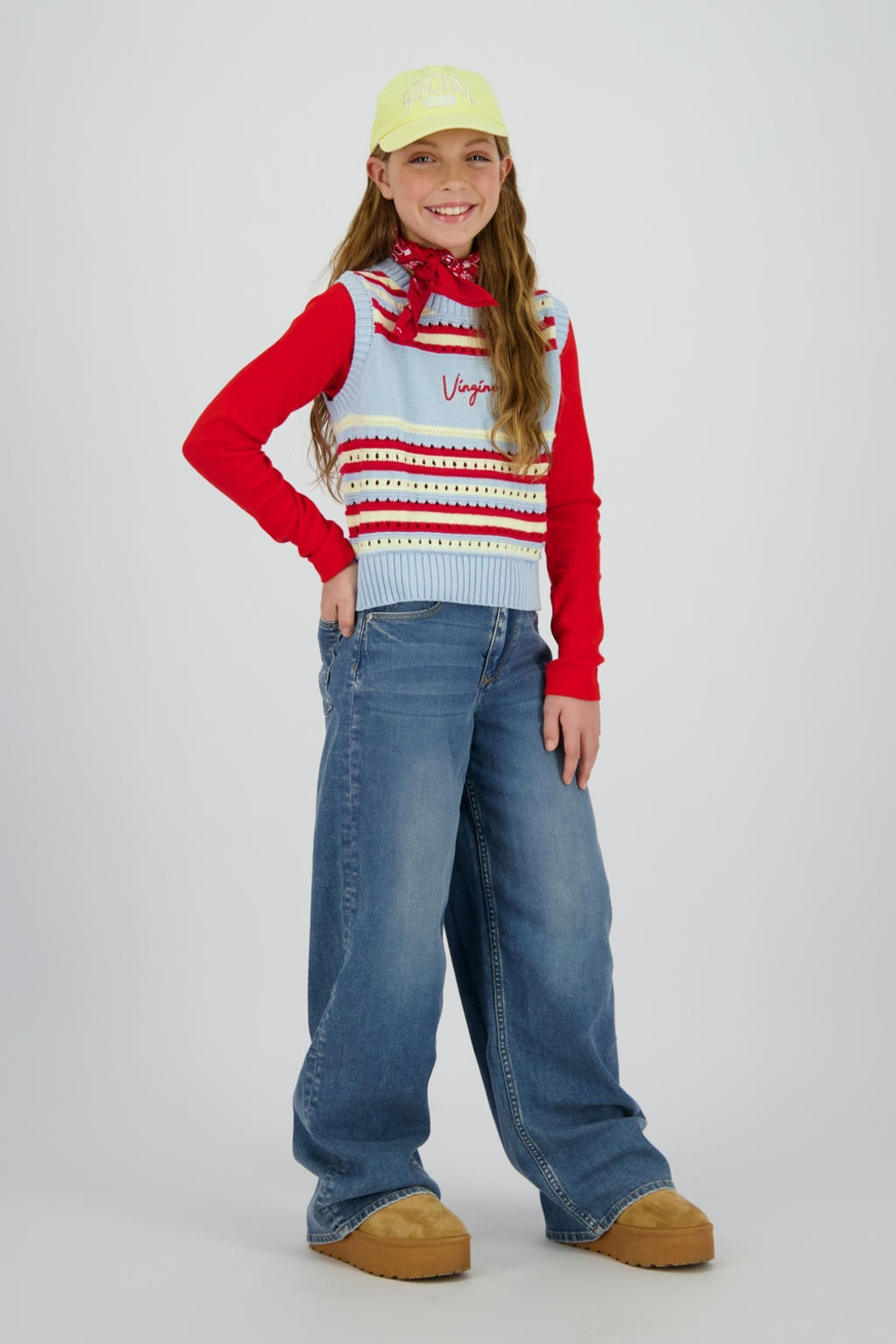 Medium blue denim meisjes Vingino wide leg jeans van denim met rits- en knoopsluiting en effen
