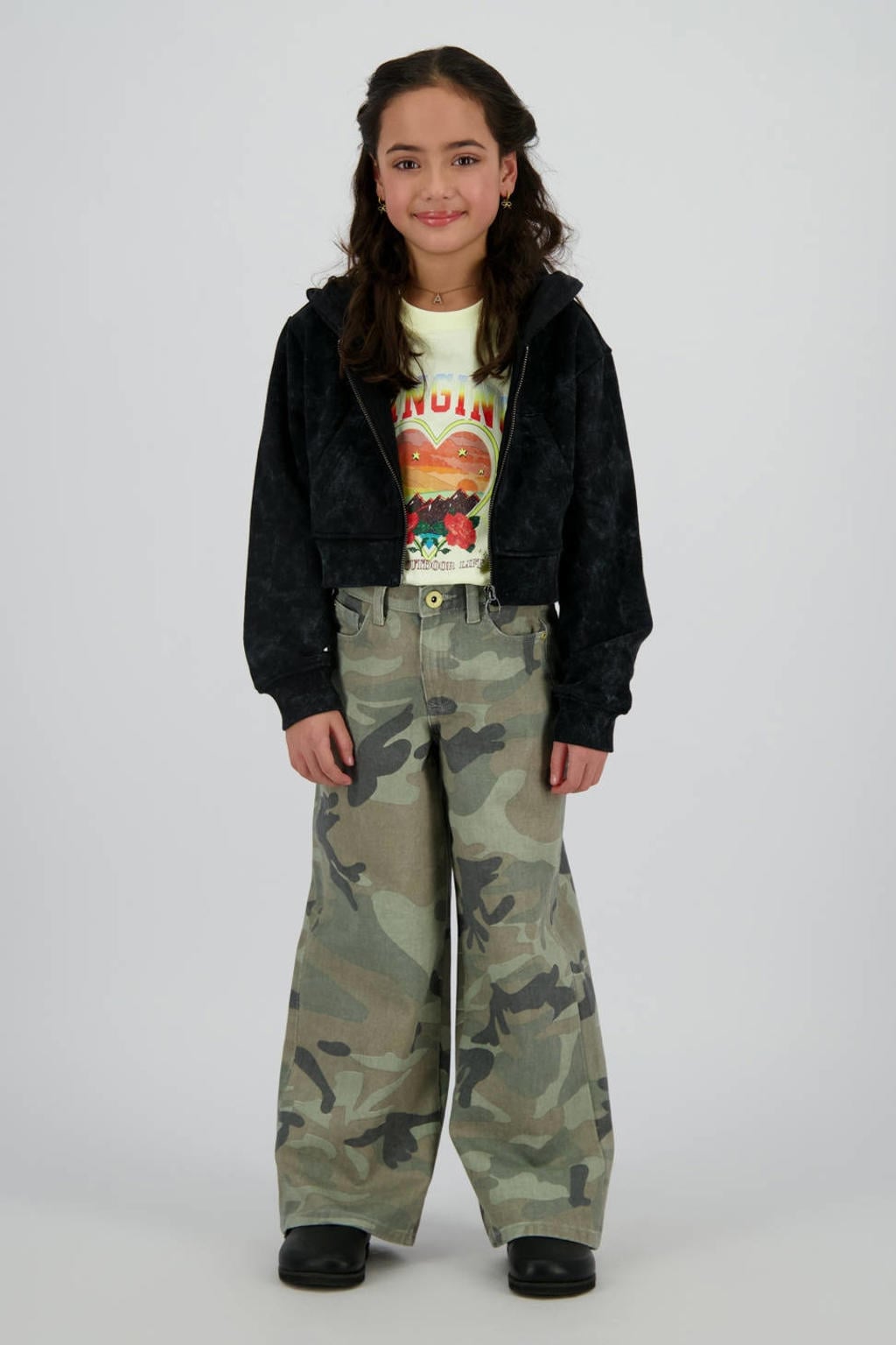 Groene meisjes Vingino wide leg jeans van denim met rits- en knoopsluiting