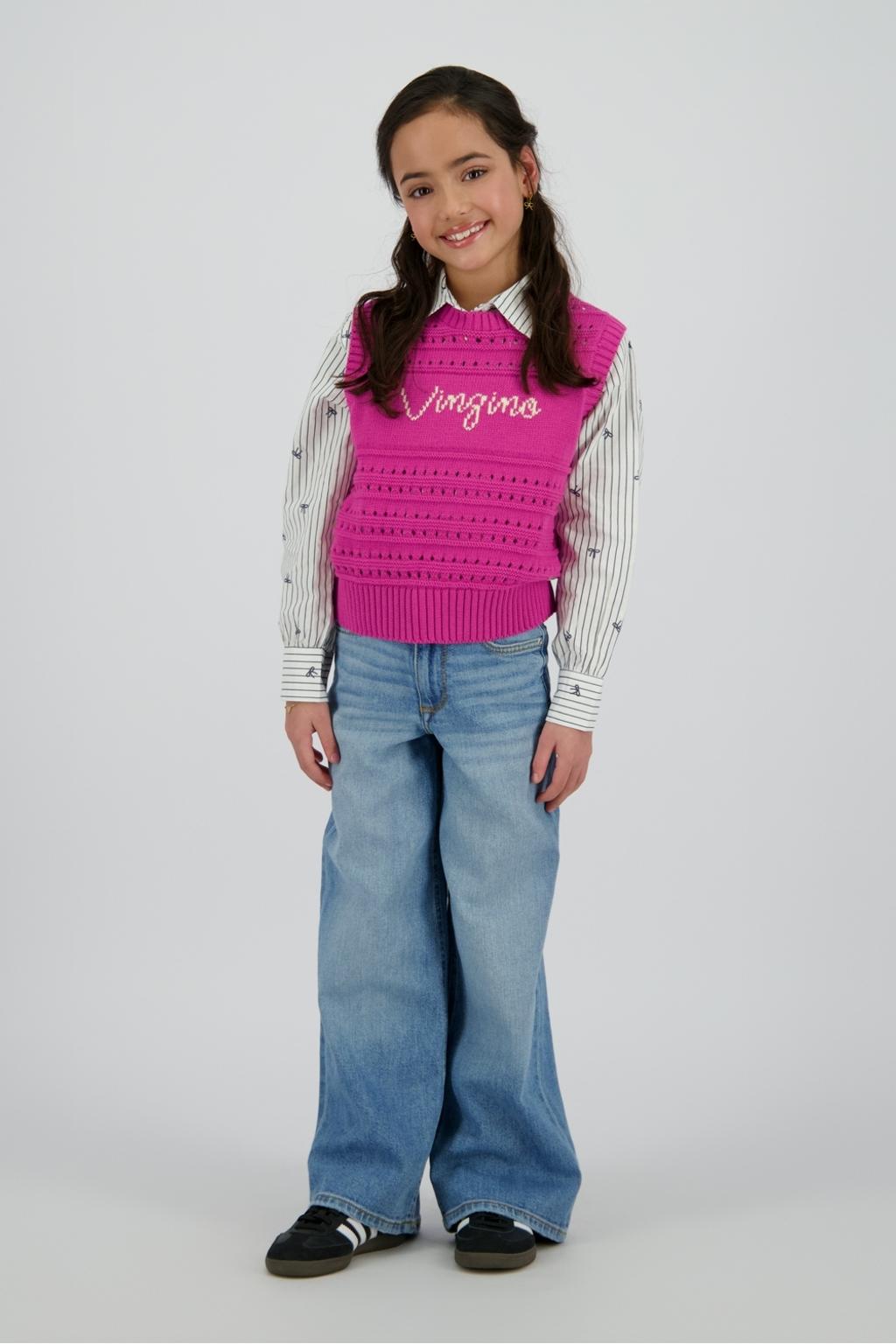 Light blue denim meisjes Vingino wide leg jeans van denim met rits- en knoopsluiting en effen