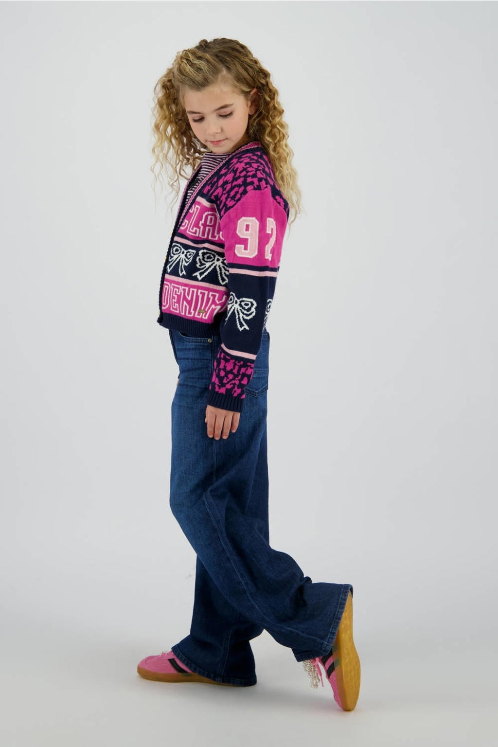 Dark blue denim meisjes Vingino wide leg jeans dark blue van denim met rits- en knoopsluiting en effen