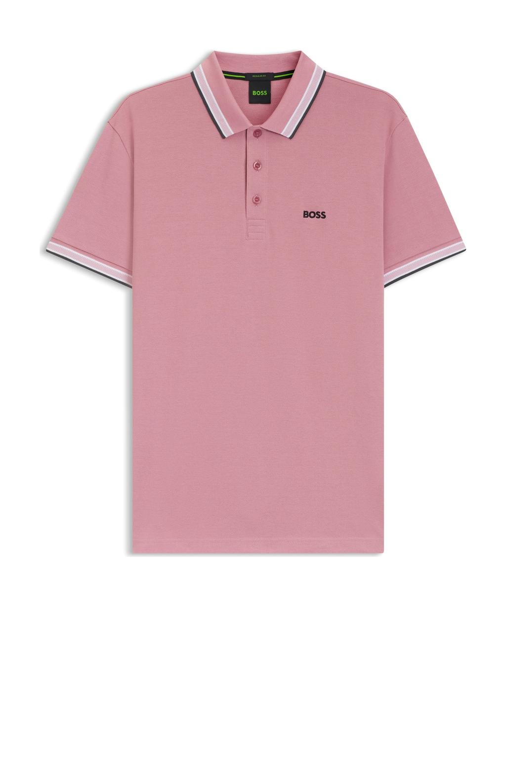 Roze heren BOSS regular polo van katoen met effen, korte mouwen, knoopsluiting en contrast bies