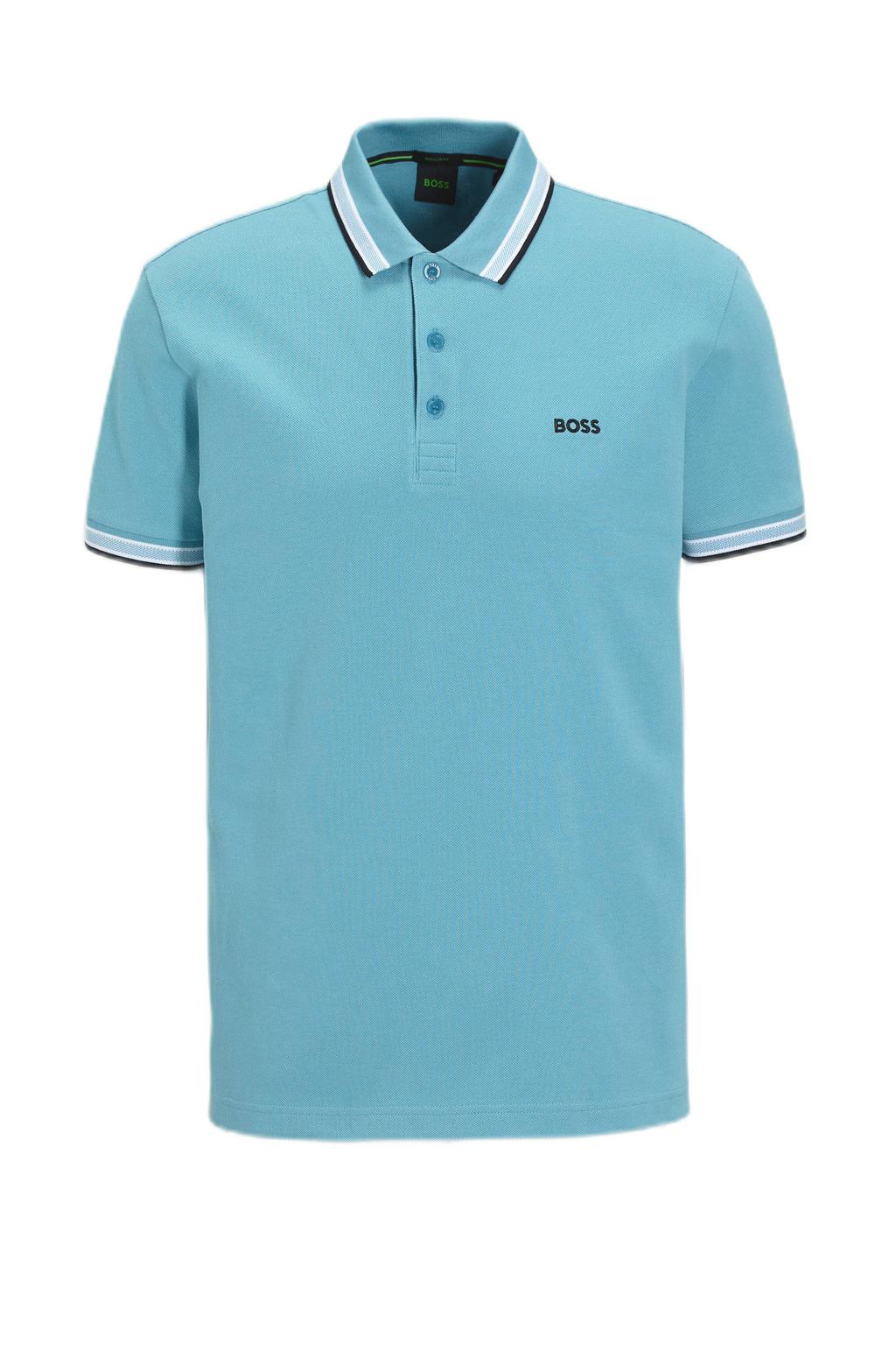 Blauwe heren BOSS regular polo van katoen met effen, korte mouwen, knoopsluiting en contrast bies