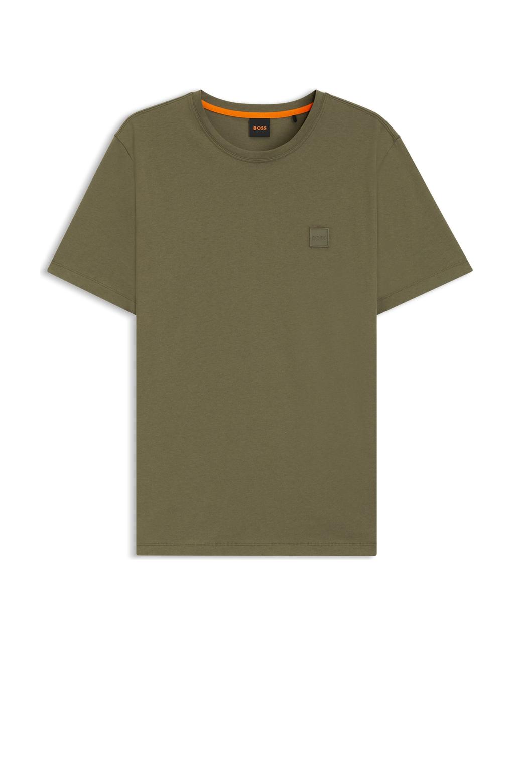 Olijfgroene heren BOSS regular T-shirt van katoen met effen, korte mouwen en ronde hals