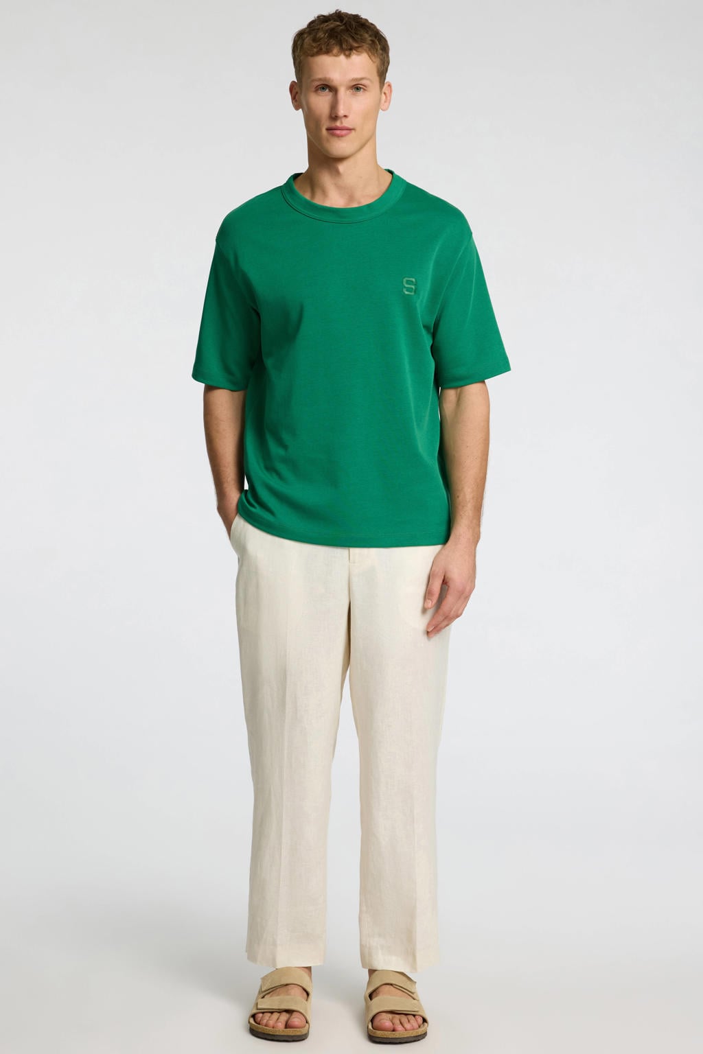 Groene heren SELECTED HOMME T-shirt van katoen met effen, korte mouwen, ronde hals en borduursels