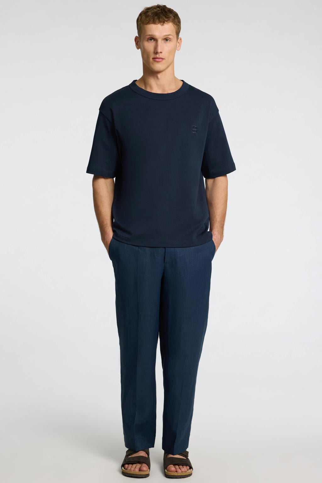 Donkerblauwe heren Selected T-shirt van katoen met effen, korte mouwen, ronde hals en borduursels
