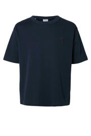 thumbnail: Donkerblauwe heren SELECTED HOMME T-shirt van katoen met effen, korte mouwen, ronde hals en borduursels