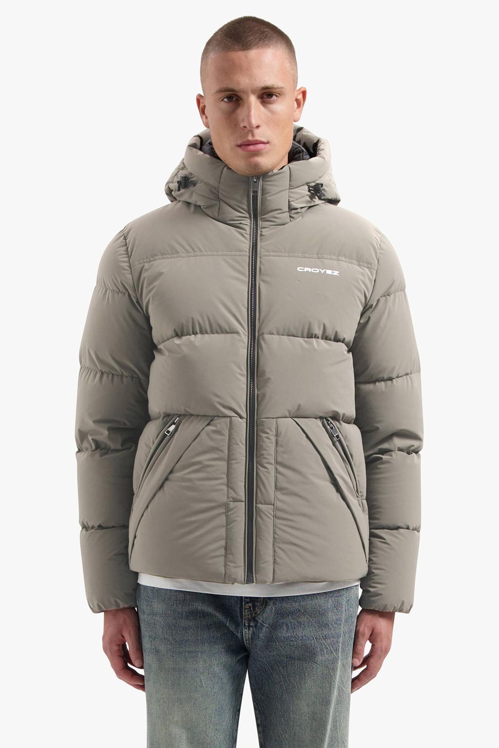 Beige heren Croyez gewatteerde jas van polyester met effen, lange mouwen, capuchon, ritssluiting en doorgestikte details