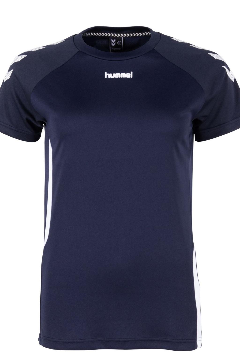 Donkerblauwe dames hummel sportshirt van polyester met korte mouwen en ronde hals