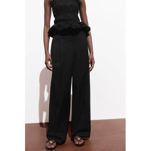 Mango wide leg high waist broek zwart afbeelding