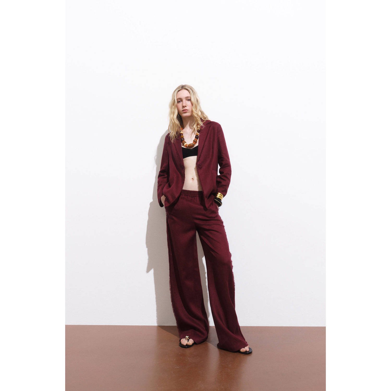 Mango linnen wide leg regular waist broek donkerrood