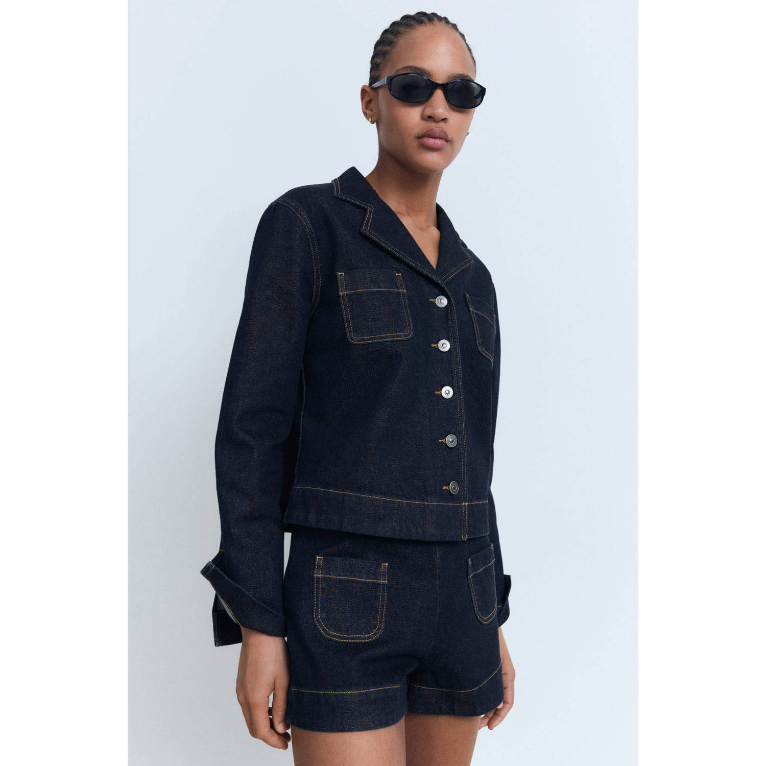 Mango denim straight regular waist short dark blue denim