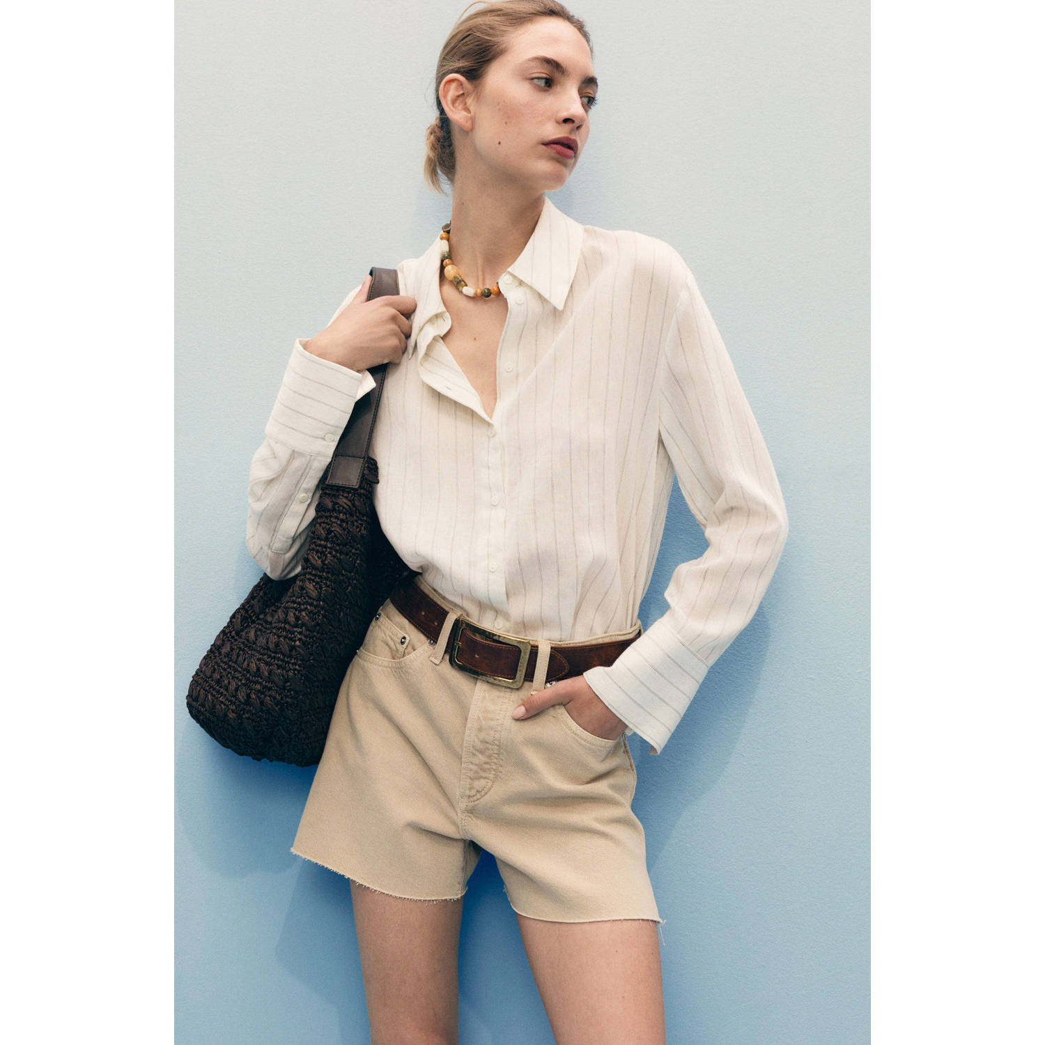Mango denim straight regular waist short beige