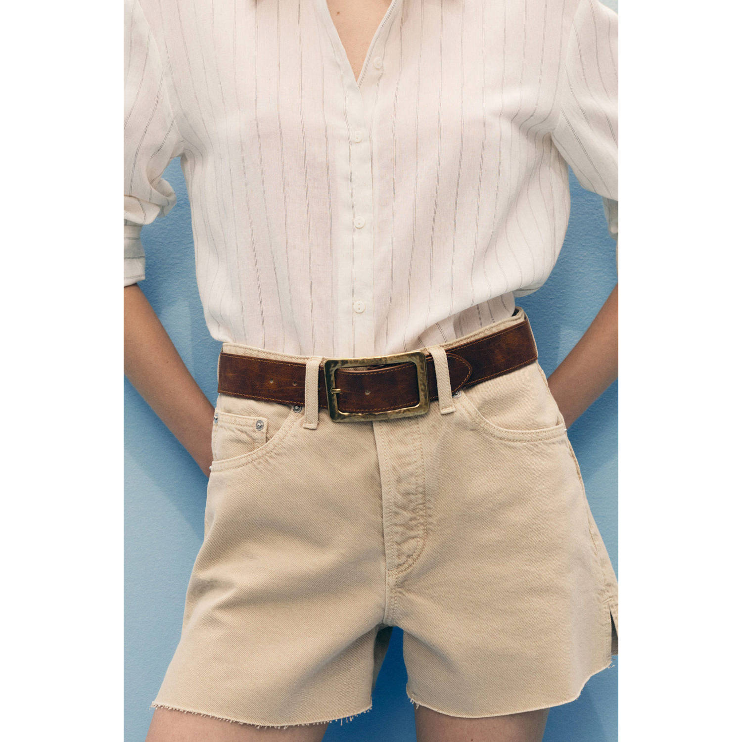 Mango denim straight regular waist short beige