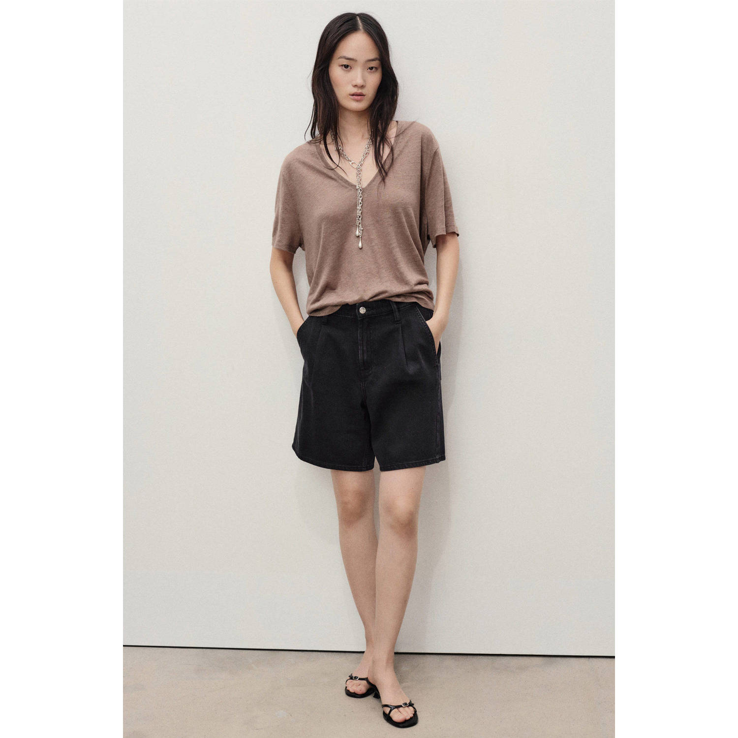 Mango denim wide leg regular waist short antraciet