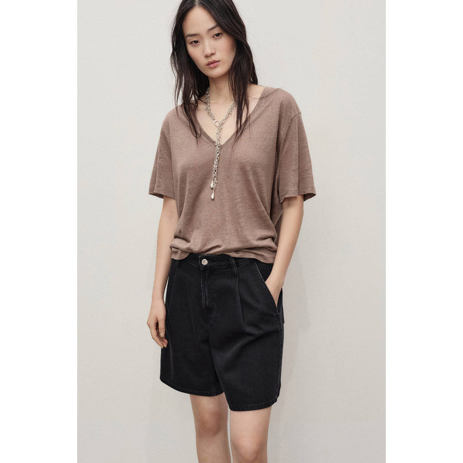 Mango denim wide leg regular waist short antraciet