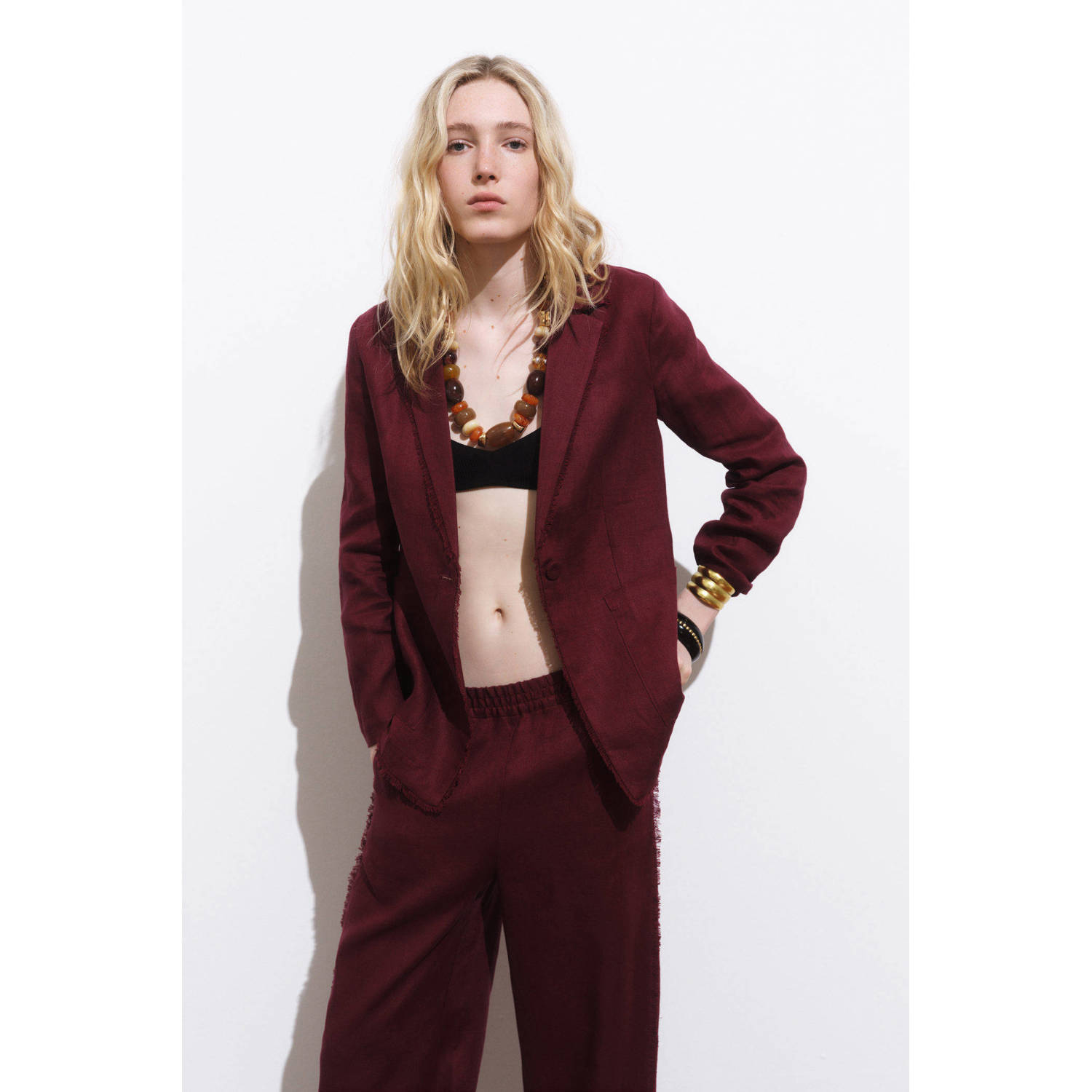 Mango linnen regular blazer donkerrood