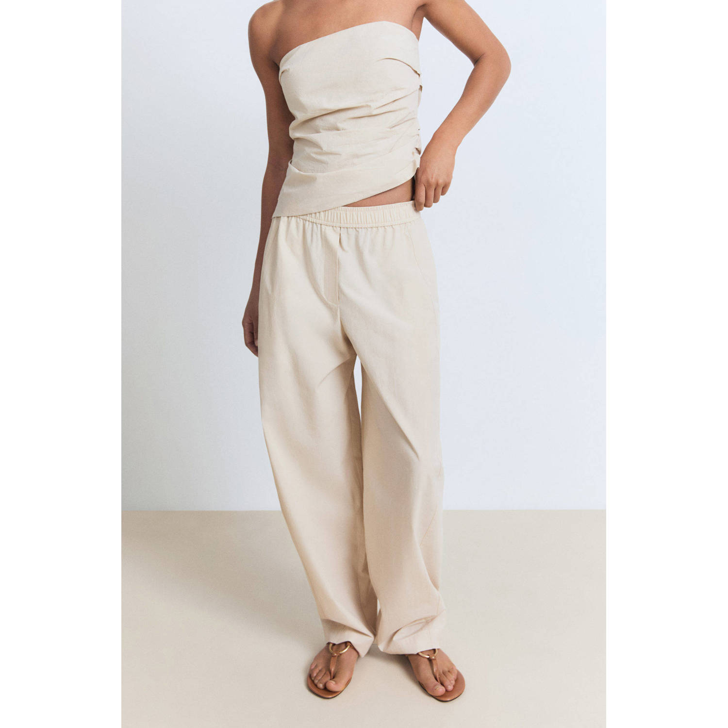 Mango wide leg high waist broek beige