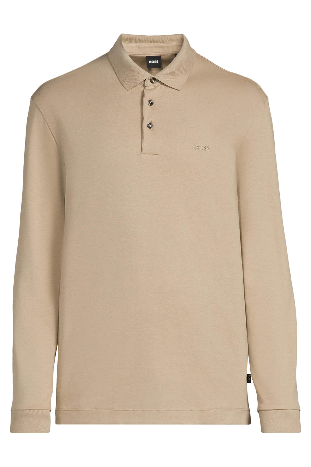 Beige heren BOSS regular polo van katoen met logo dessin, lange mouwen en knoopsluiting