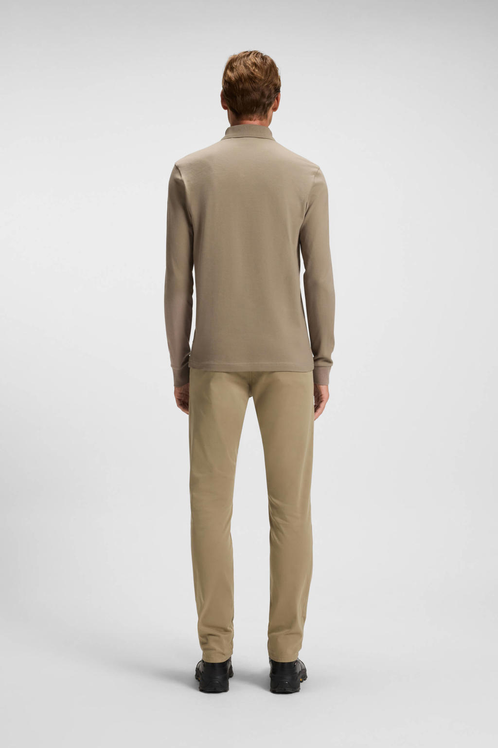 Lichtbruine heren BOSS slim polo van stretchkatoen met logo dessin en lange mouwen