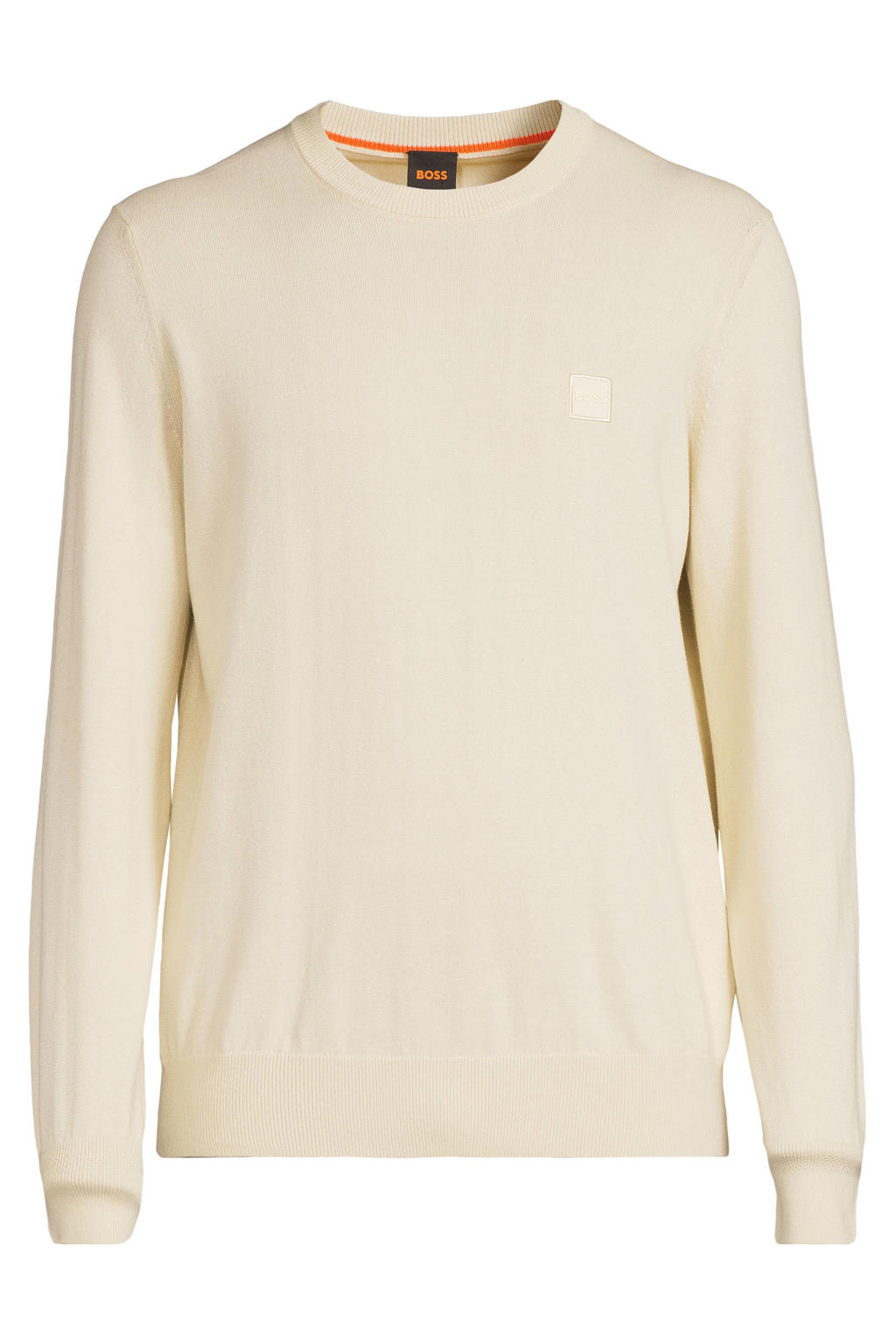 Lichtgele heren BOSS pullover fijn gebreid van katoen met effen, lange mouwen en ronde hals