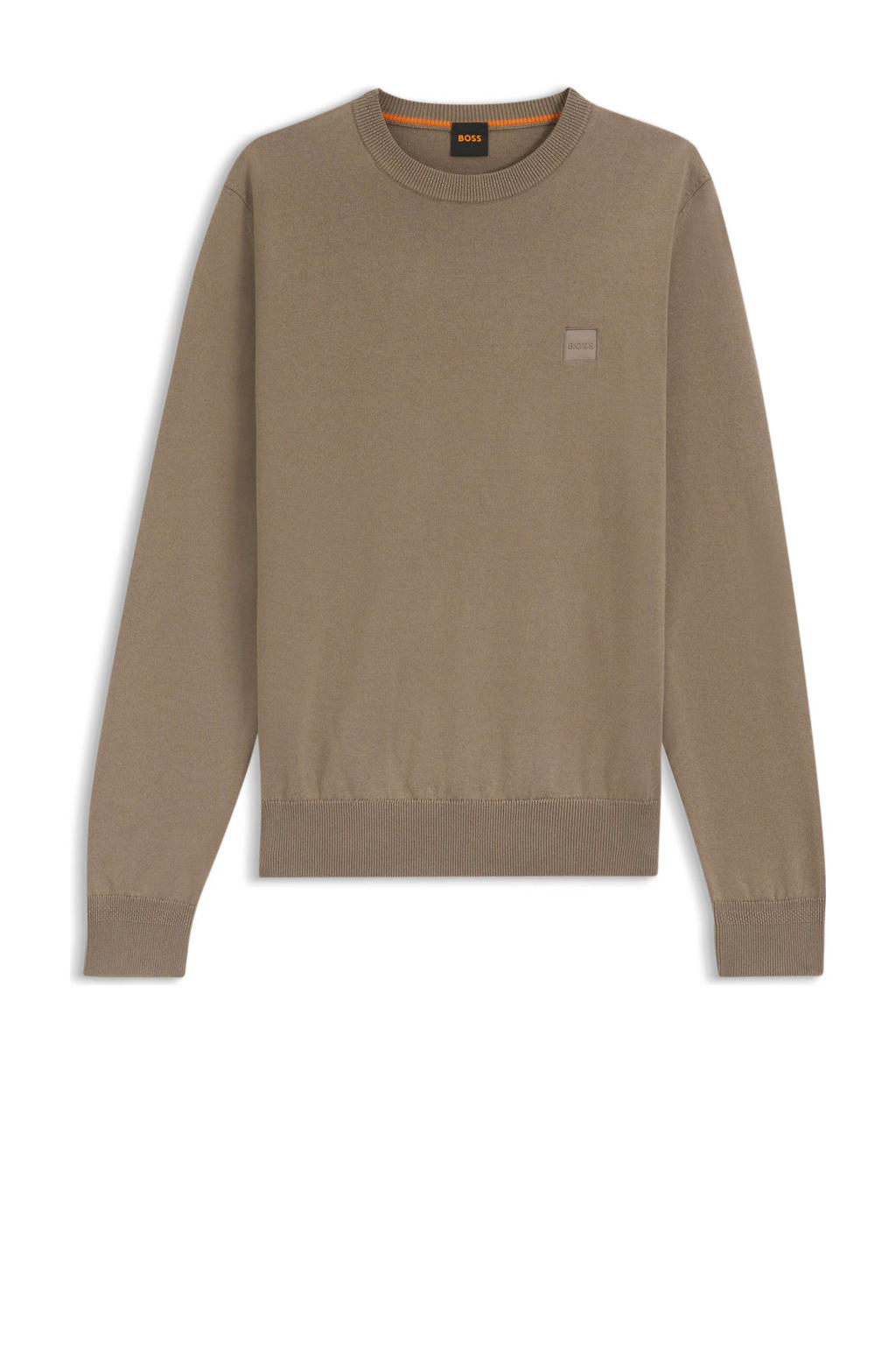 Bruine heren BOSS pullover fijn gebreid van katoen met effen, lange mouwen en ronde hals