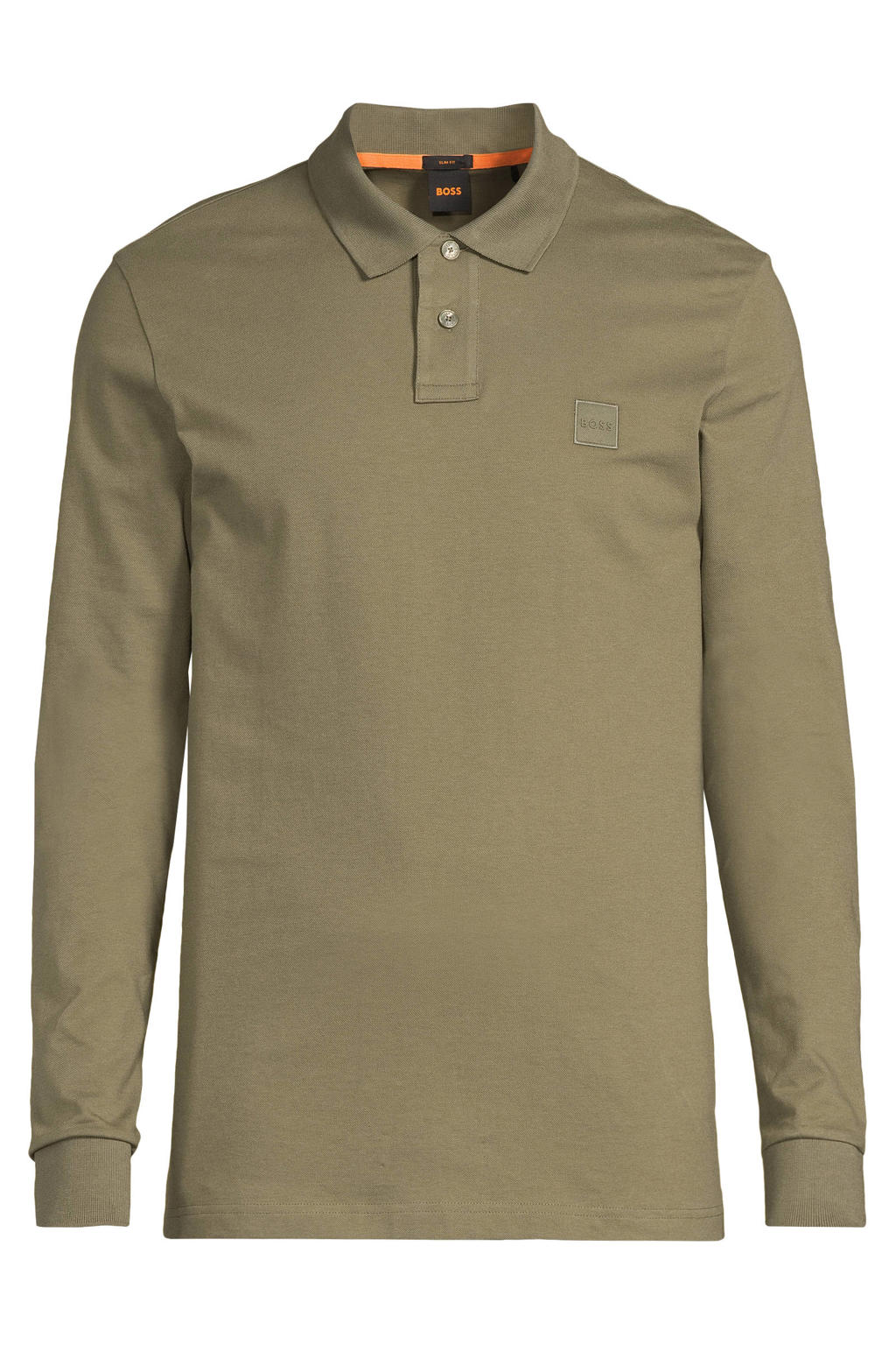Kakikleurige heren BOSS slim polo van stretchkatoen met logo dessin en lange mouwen