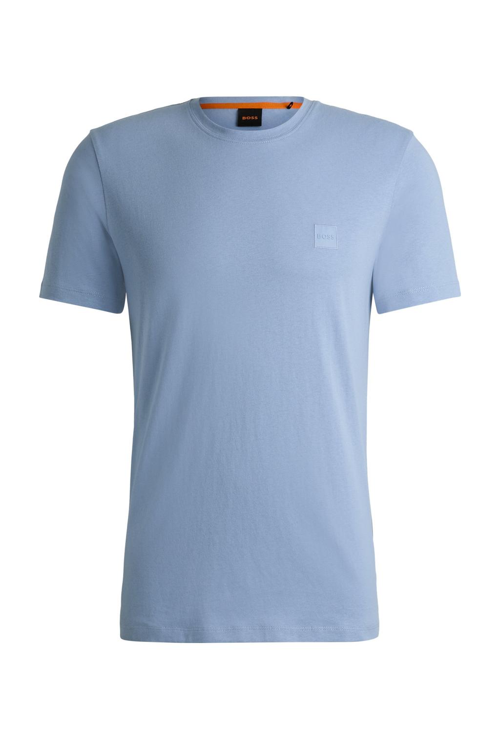 Blauwe heren BOSS regular T-shirt van katoen met effen, korte mouwen en ronde hals