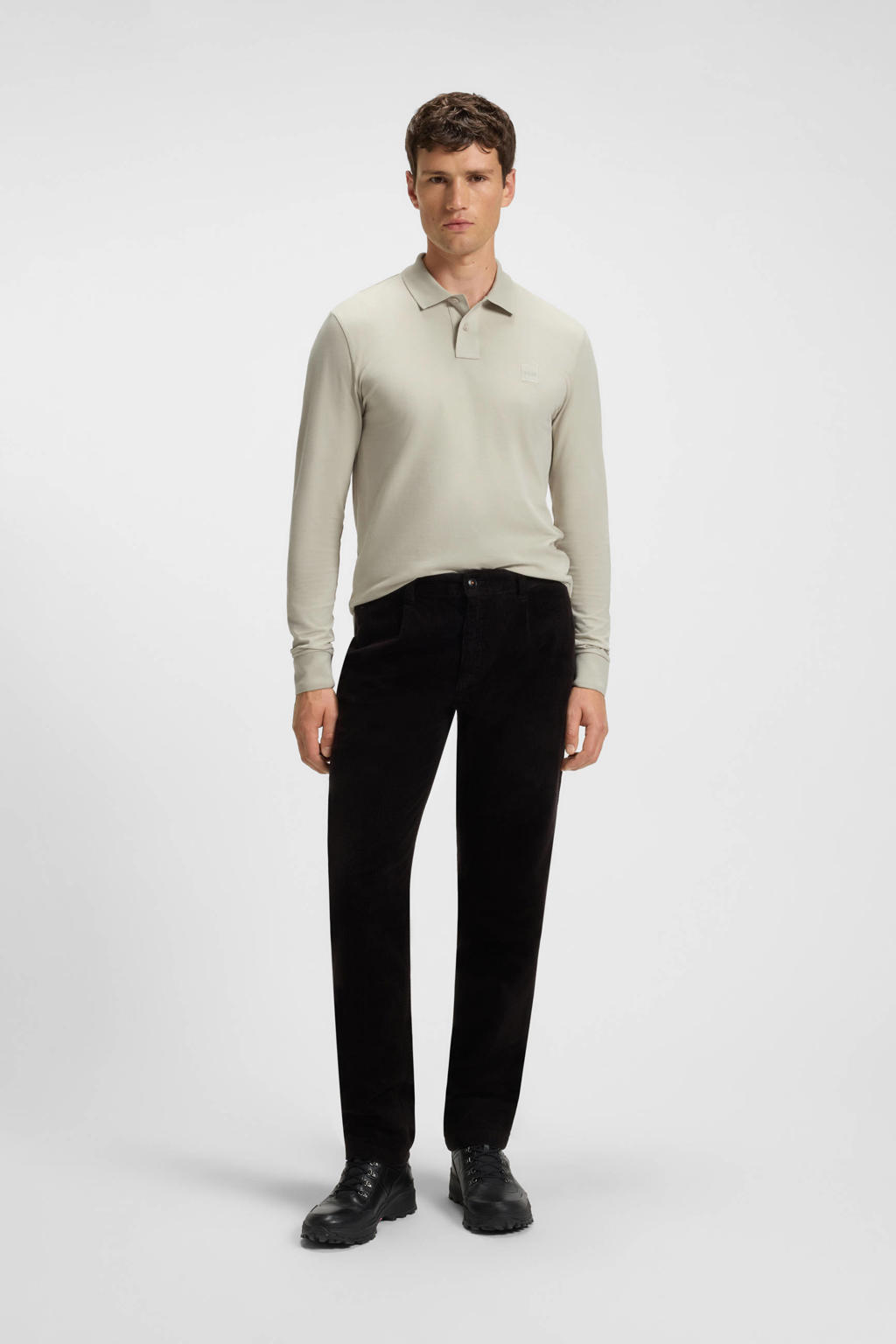 Beige heren BOSS slim polo van stretchkatoen met logo dessin en lange mouwen