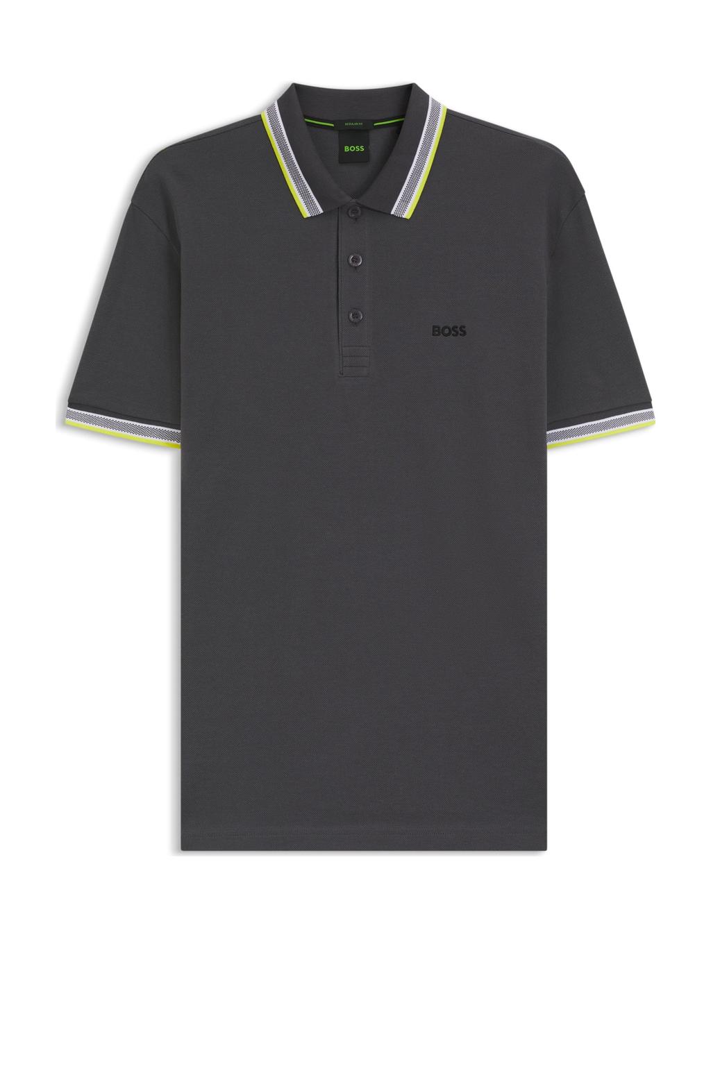 Antraciete heren BOSS regular polo van katoen met effen, korte mouwen, knoopsluiting en contrast bies