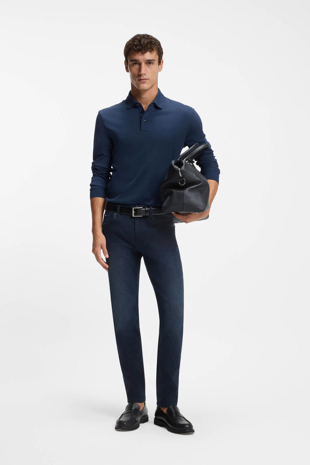 Donkerblauwe heren BOSS regular polo van katoen met logo dessin, lange mouwen en knoopsluiting