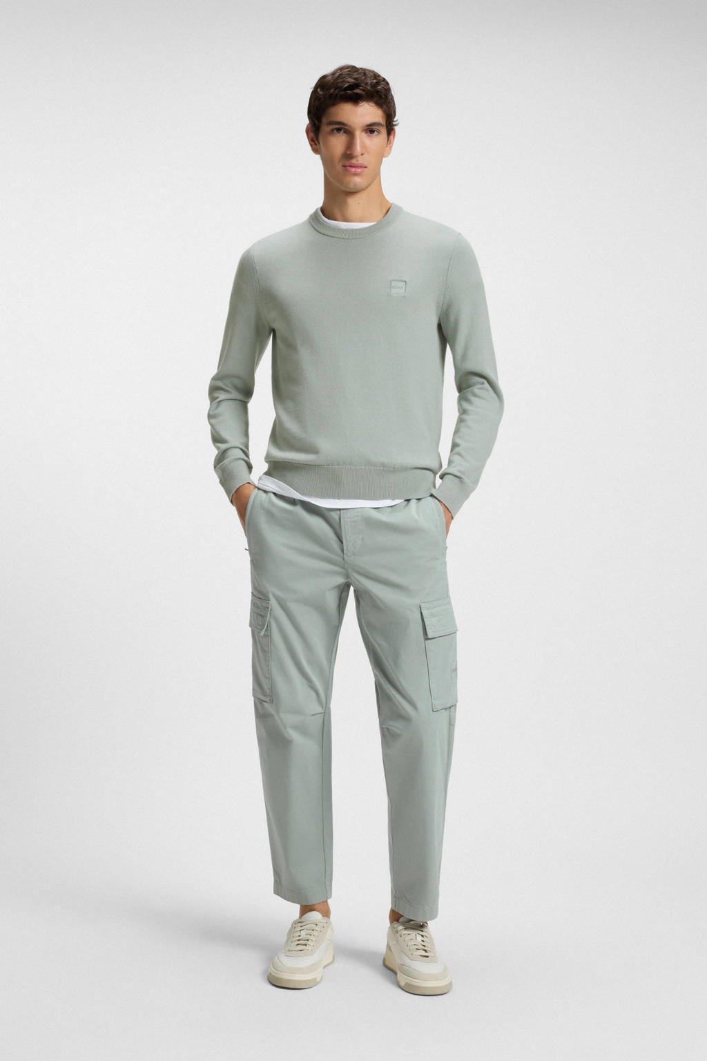 Groene heren BOSS pullover fijn gebreid van katoen met effen, lange mouwen en ronde hals