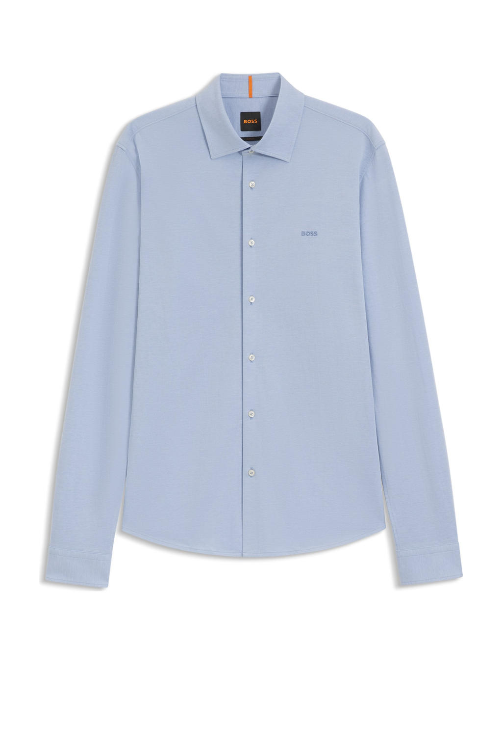 Blauwe heren BOSS slim overhemd Mysoft van katoen met melée print, lange mouwen en klassieke kraag