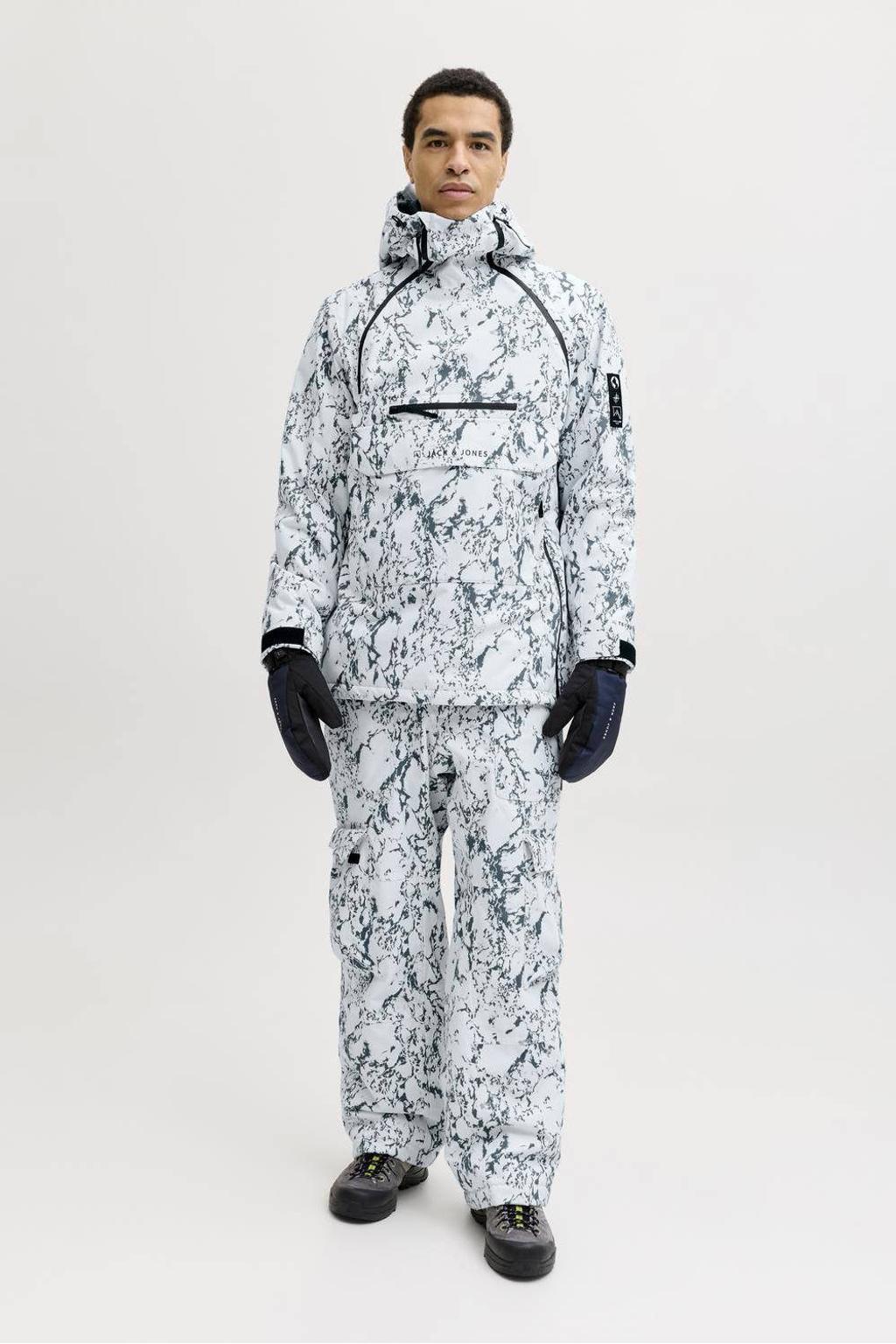 Wit en zwarte heren JACK & JONES SKI ski-anorak van polyester met capuchon, ritssluiting en mesh