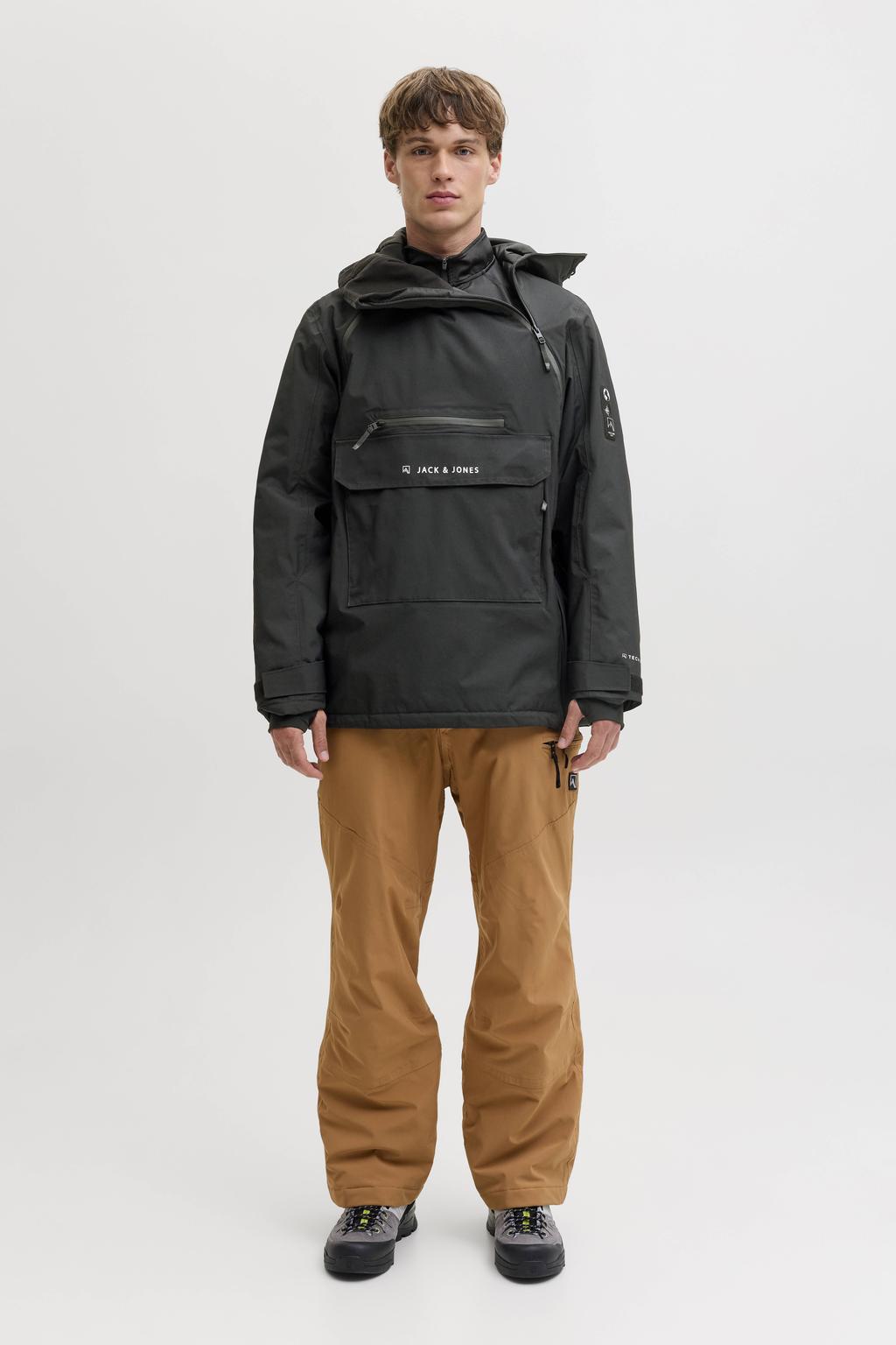 Zwarte heren JACK & JONES SKI ski-anorak van polyester met capuchon, ritssluiting en mesh