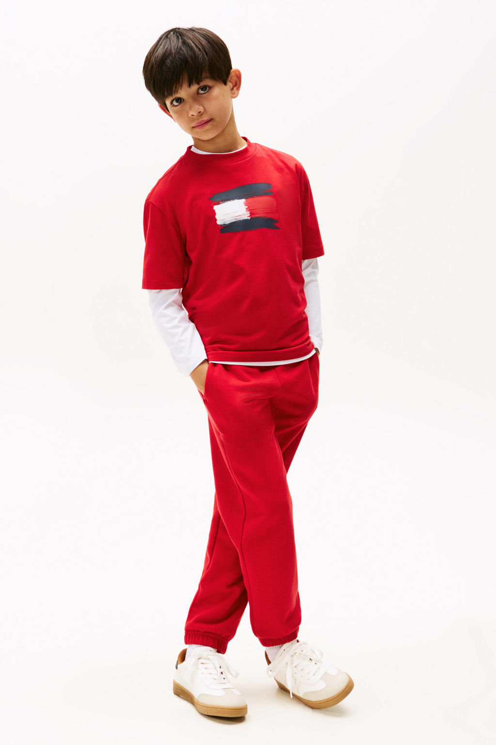 Rode jongens Tommy Hilfiger T-shirt van katoen met logo dessin, korte mouwen en ronde hals