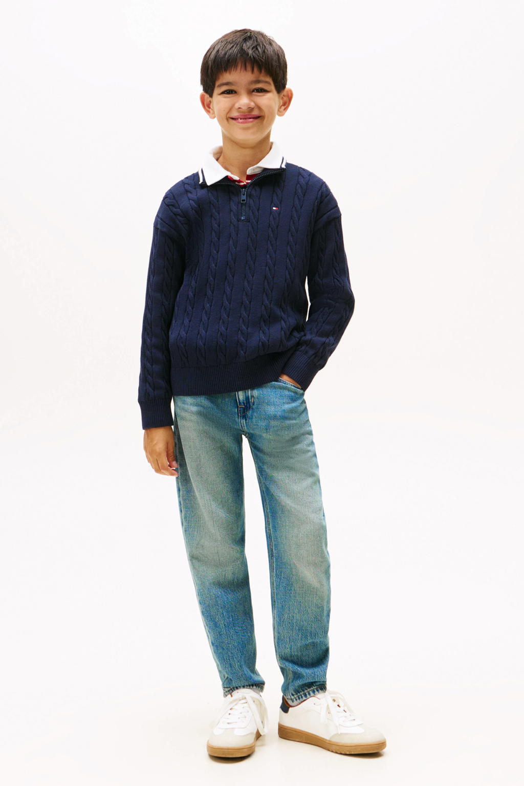Donkerblauwe jongens Tommy Hilfiger gebreide trui van katoen met effen, lange mouwen, opstaande kraag, halve rits en kabel details