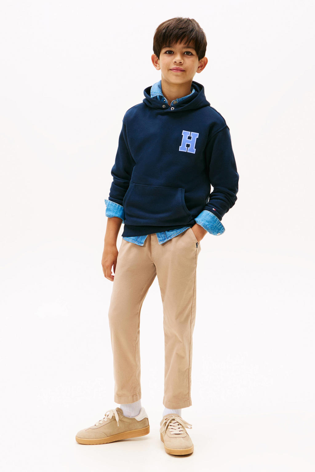 Marineblauw jongens Tommy Hilfiger hoodie blauw van katoen met backprint, lange mouwen, capuchon en drukknoopsluiting